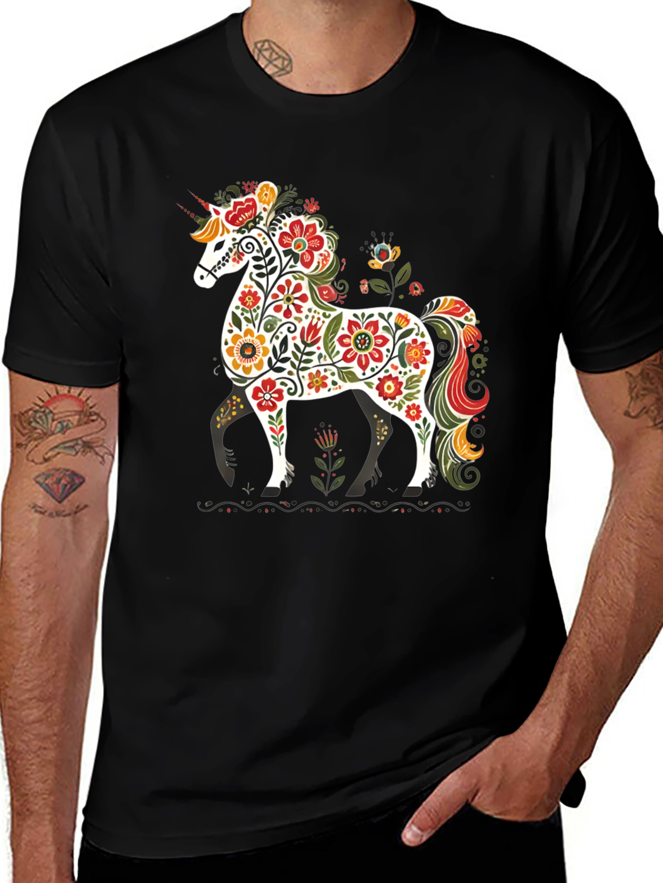 Variant 18 of Floral Unicorn Graphic Tee - Black Unisex T-Shirt