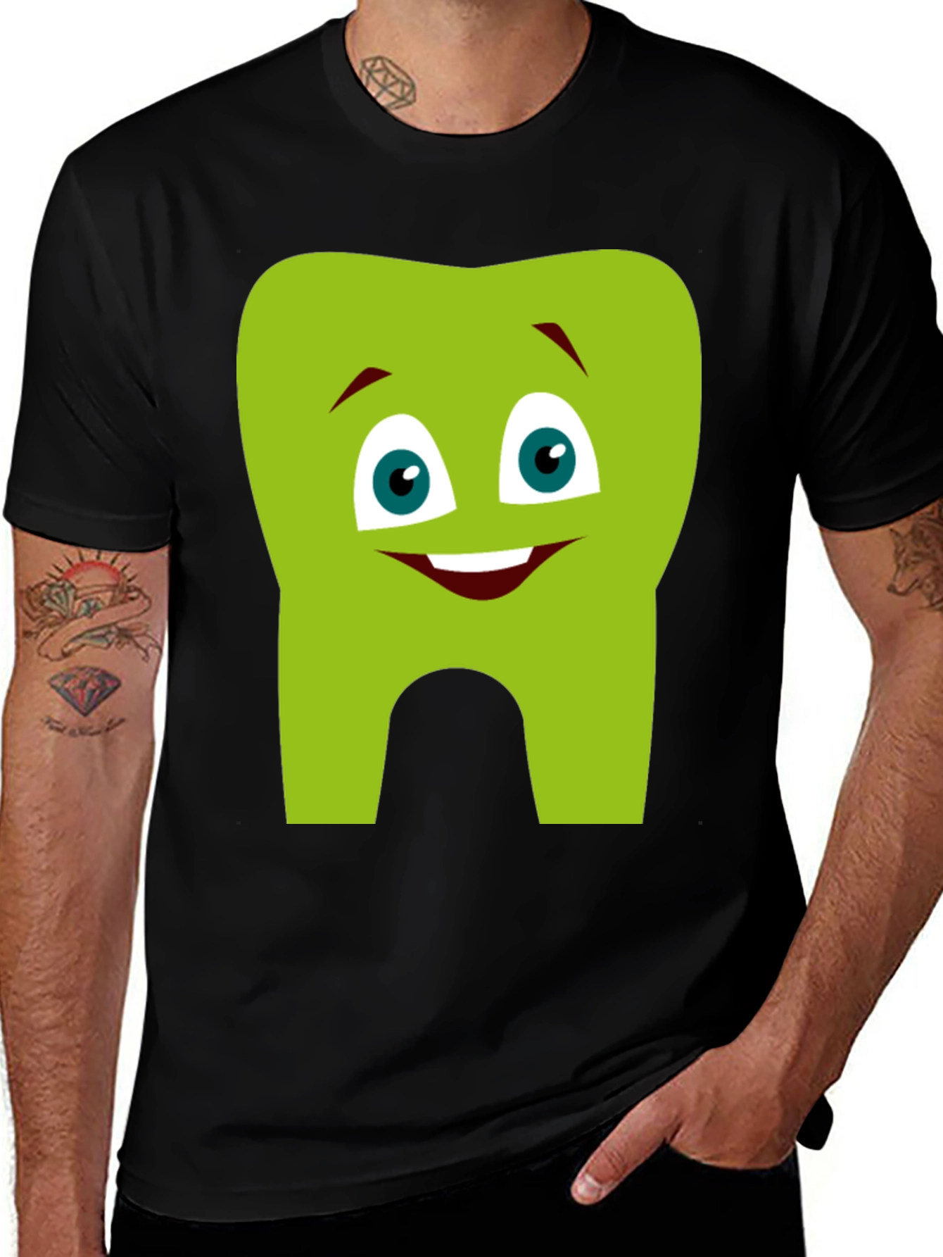Variant 29 of Cartoon Tooth Graphic T-Shirt - Black Cotton Tee