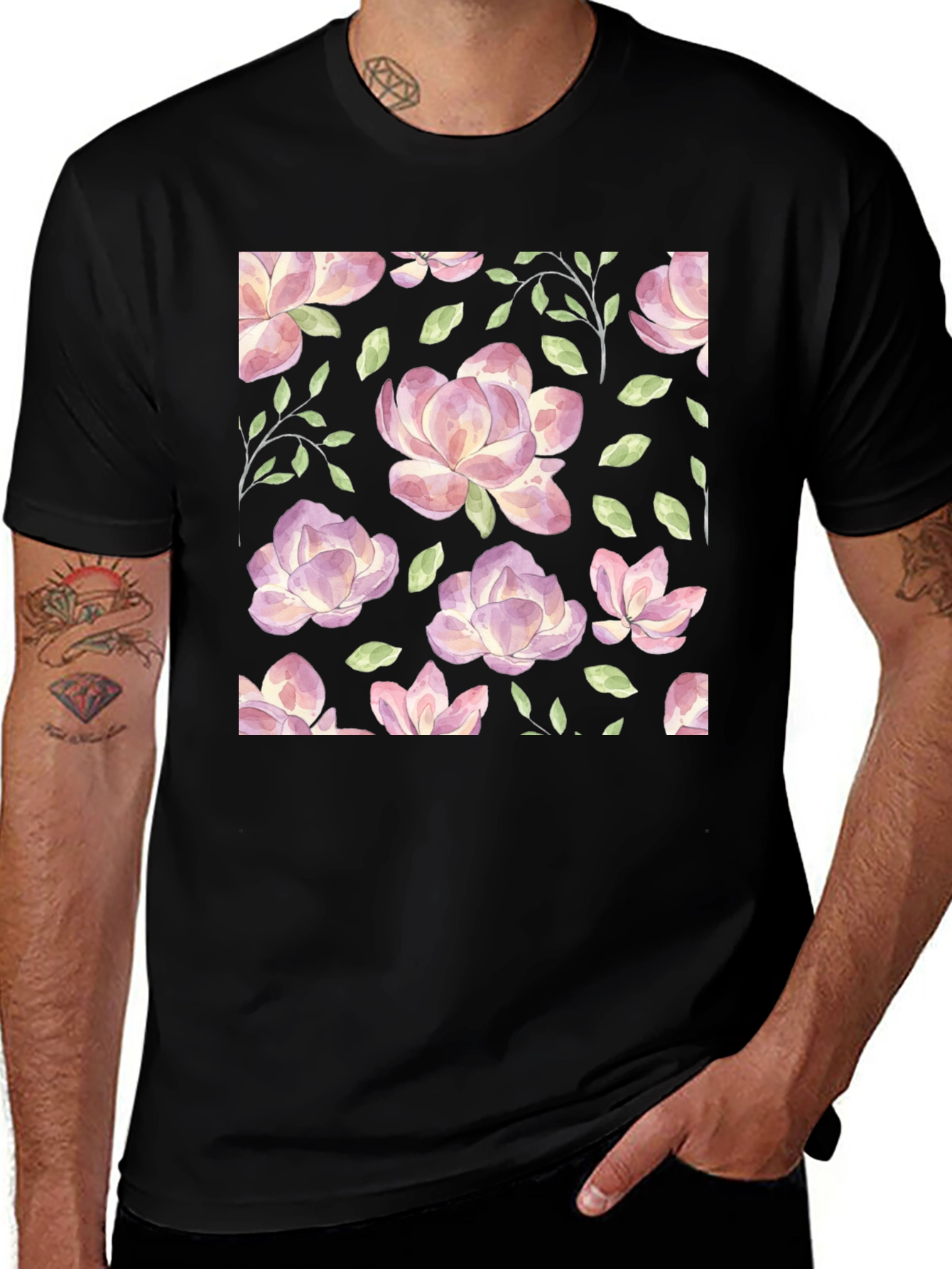 Variant 8 of Floral Watercolor Graphic Print Black T-Shirt