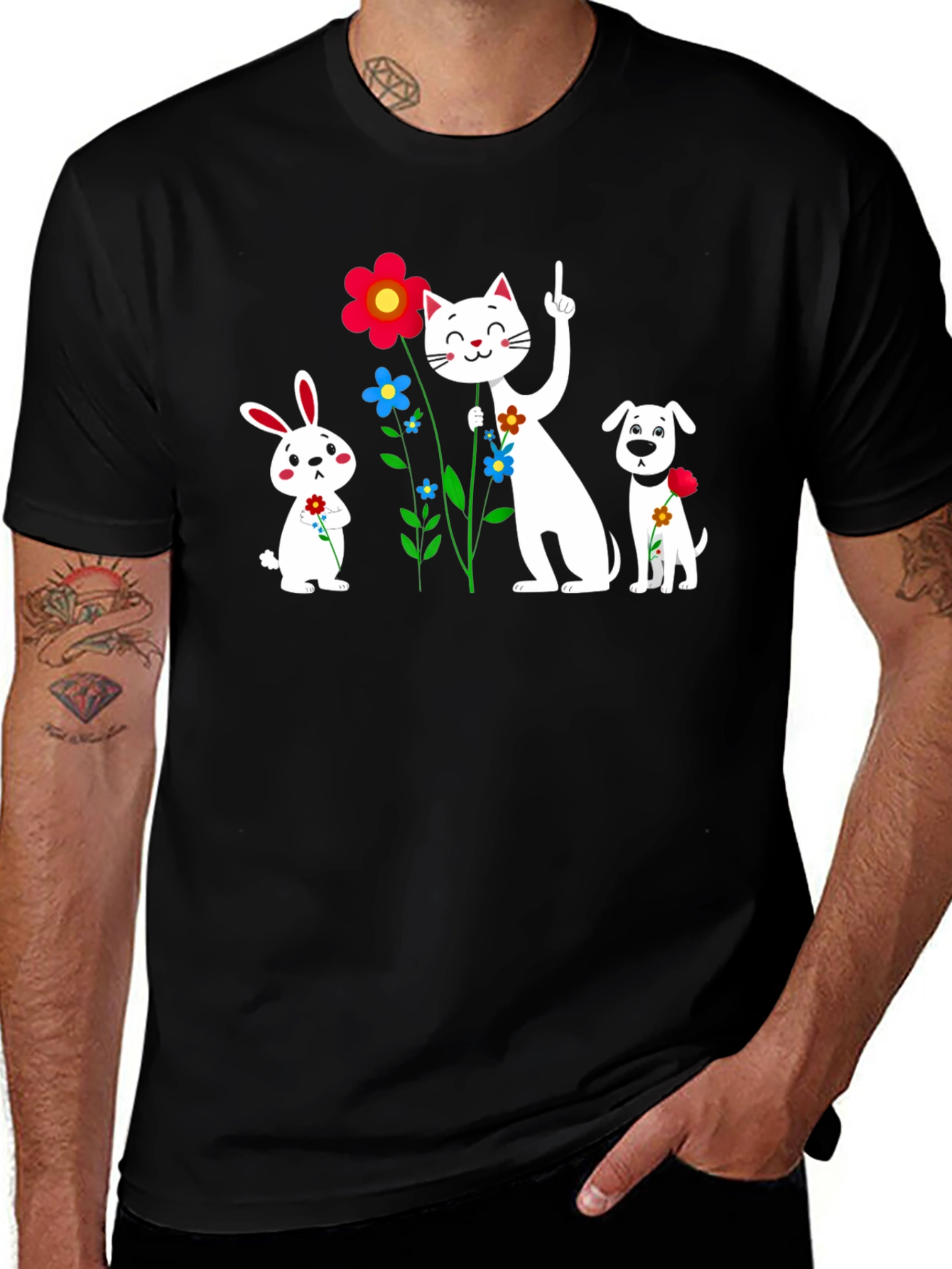 Variant 4 of Cute Cartoon Animal and Flower Graphic Black T-Shirt