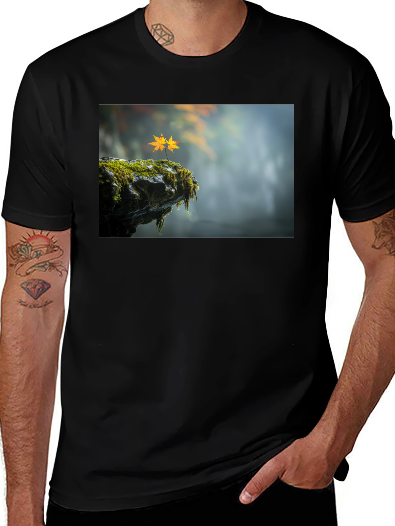 Variant 20 of Nature's Edge T-Shirt - Mossy Cliff & Maple Leaves