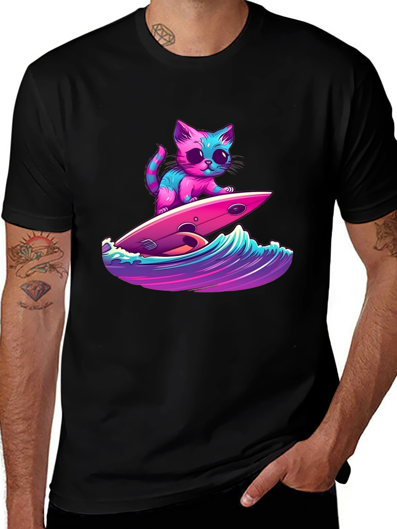 Variant 25 of Surfing Cat Graphic Tee - Cool Kitten Design