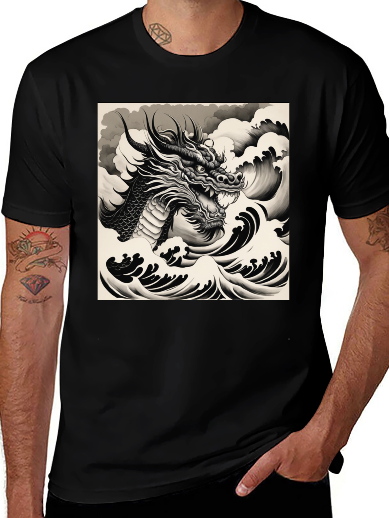 Black Dragon & Waves Graphic Tee - Black main image