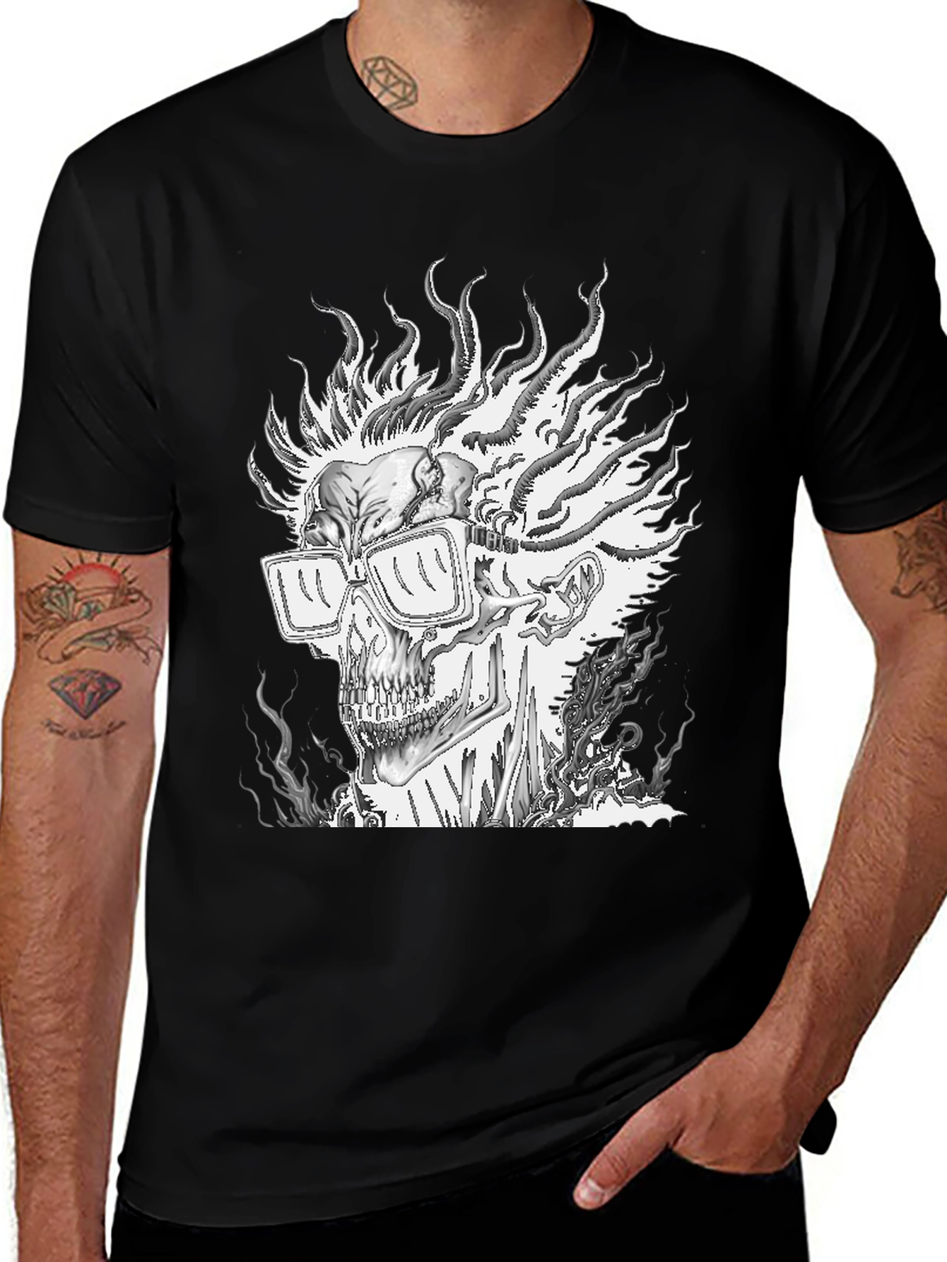 Black Flaming Skull Graphic Tee - Men's Black T-Shirt main image