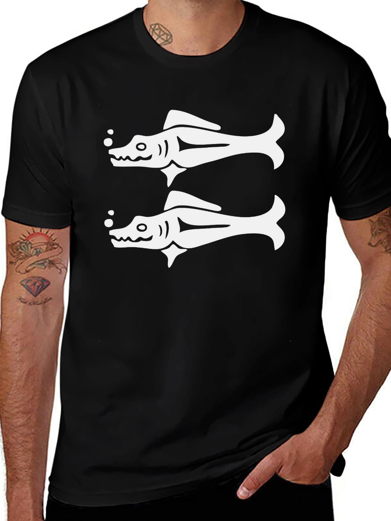 Variant 8 of Double Fish Graphic Tee - Black Cotton T-Shirt