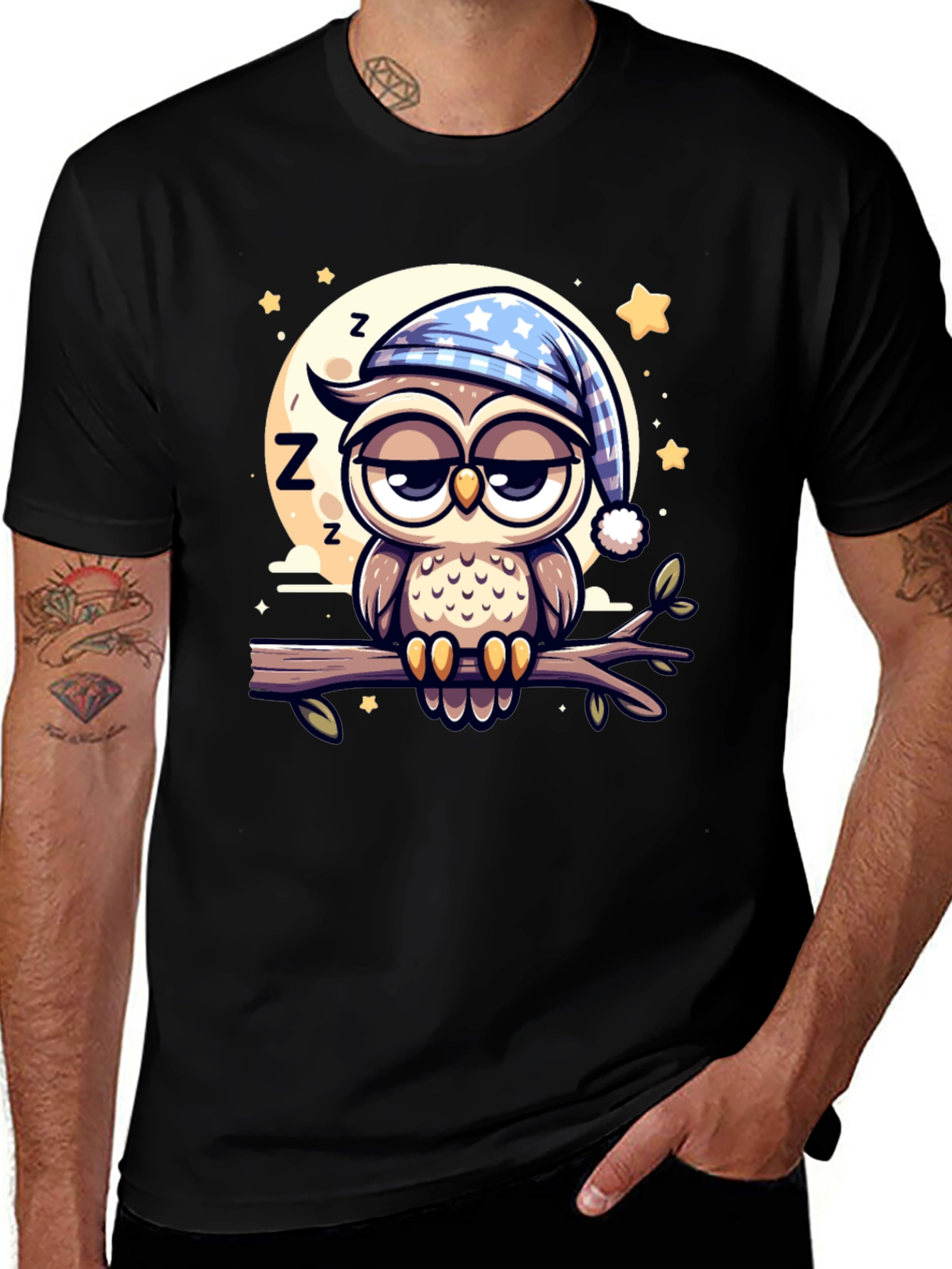 Variant 2 of Sleepy Owl T-Shirt - Cartoon Night Owl in Pajama Hat