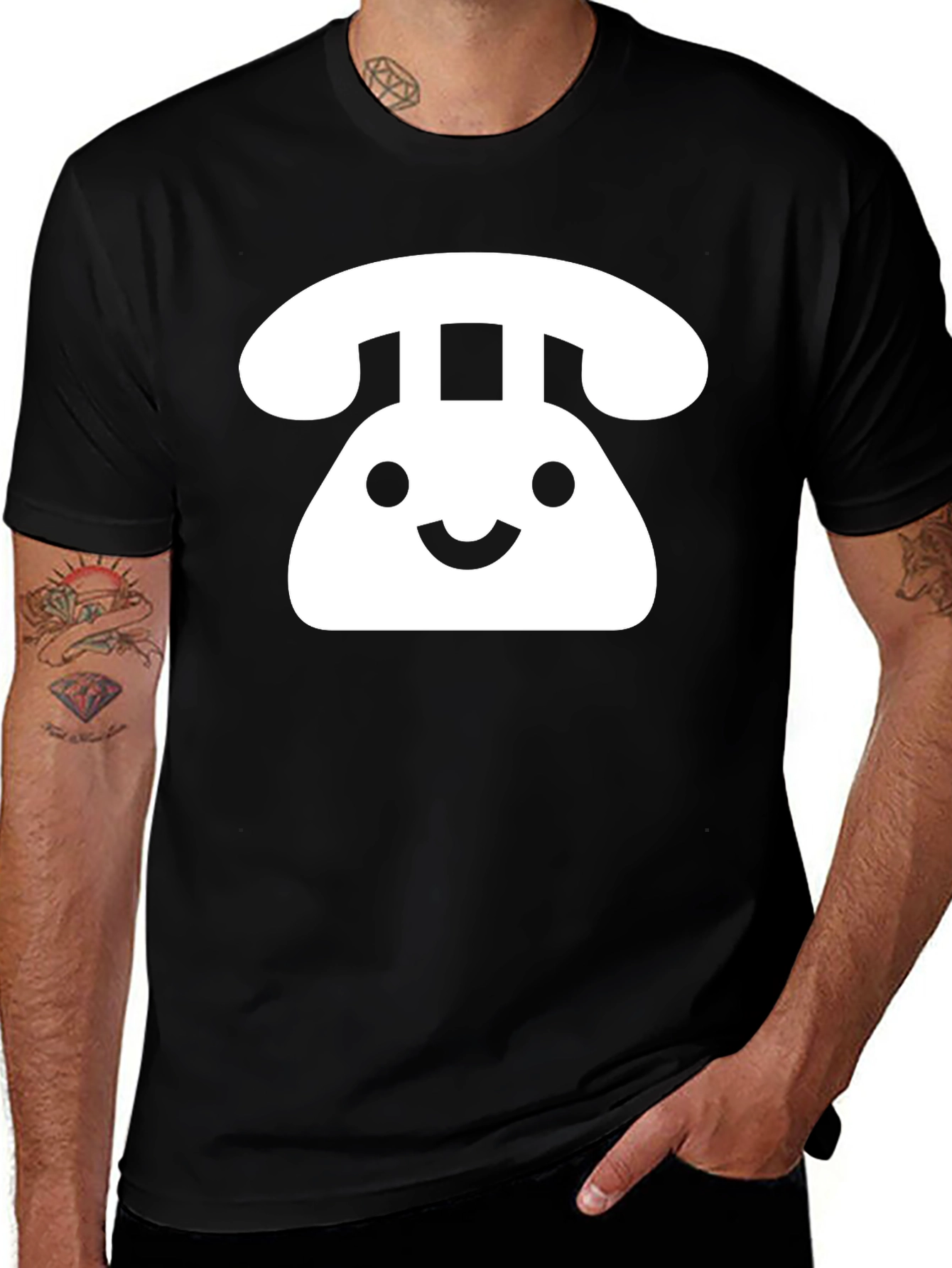 Variant 24 of Retro Smiley Phone Graphic T-Shirt - Black