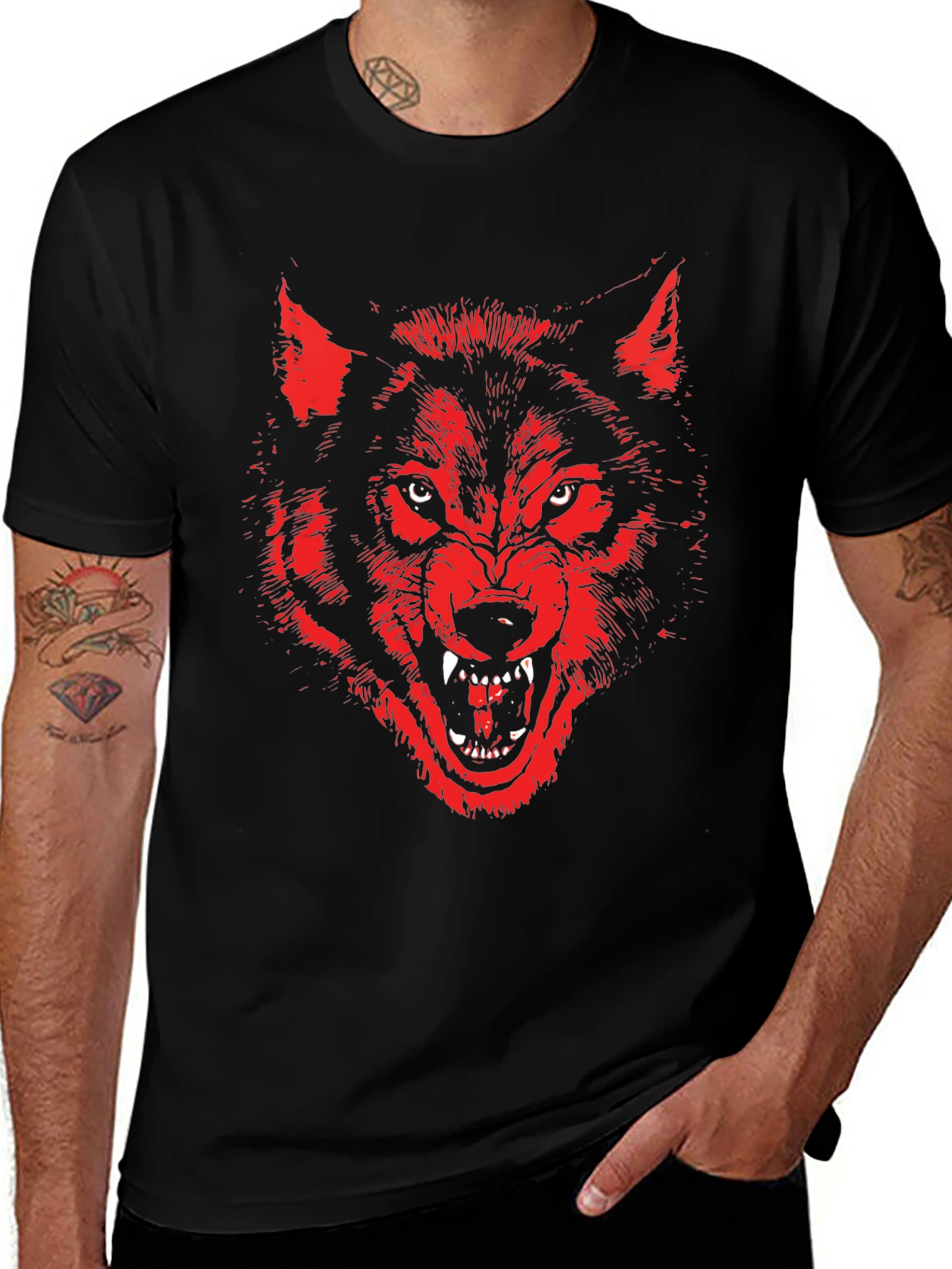 Variant 26 of Red Wolf Graphic Print Black T-Shirt