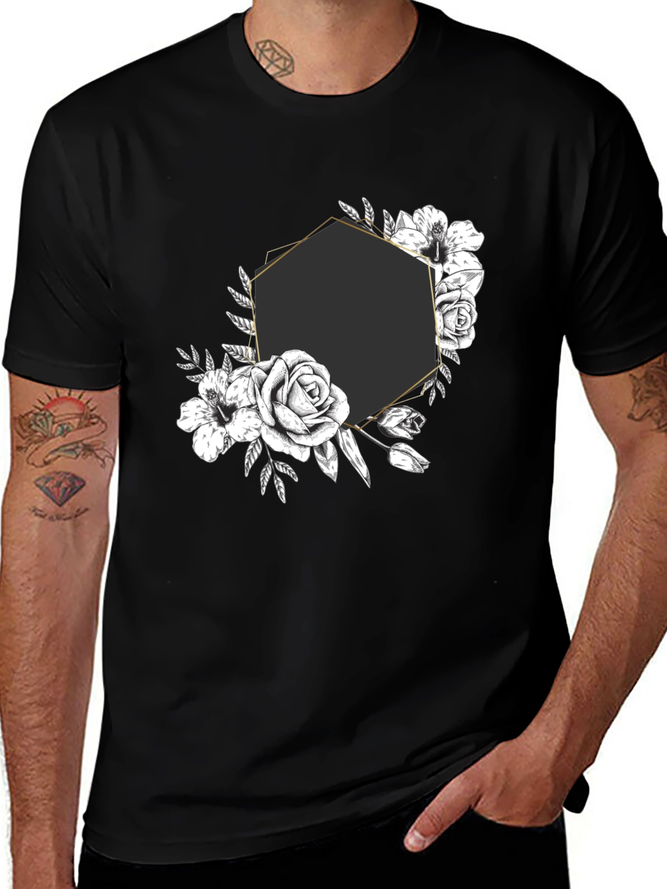 Variant 10 of Floral Hexagon Graphic Tee - Black
