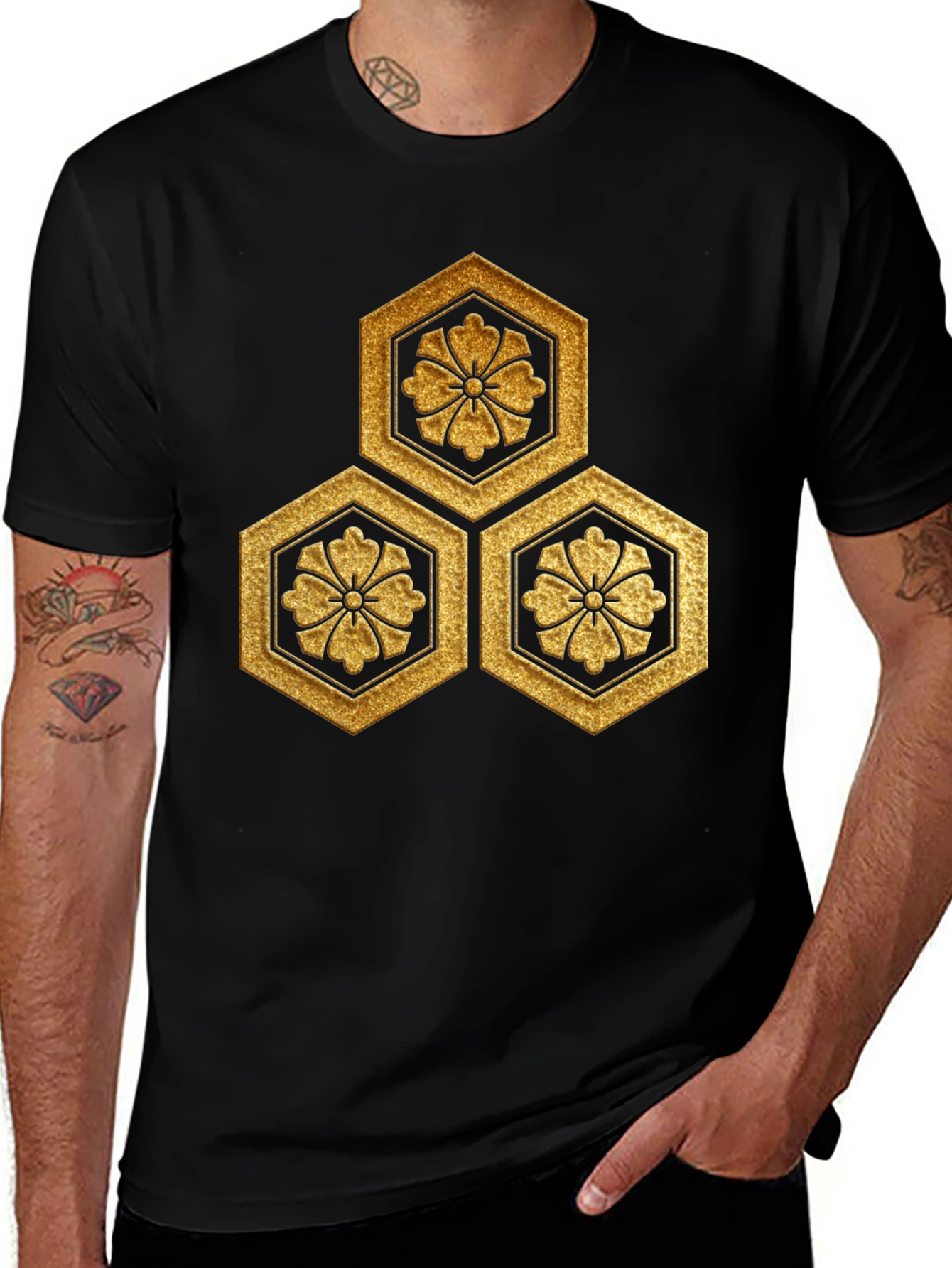 Variant 7 of Hexagonal Flower Gold Print Black T-Shirt