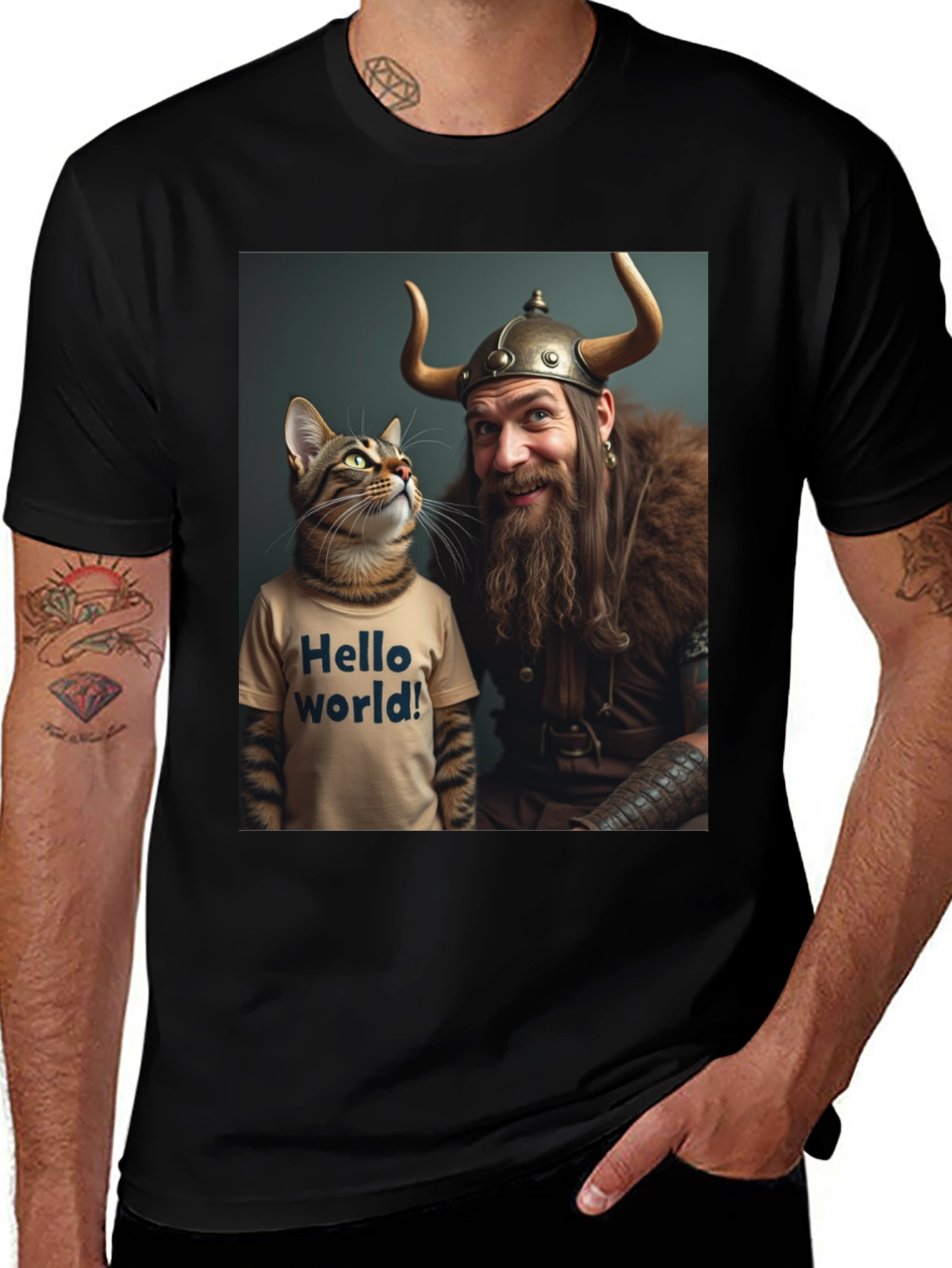 Variant 30 of Funny Cat & Viking T-Shirt - Hello World Programmer Tee