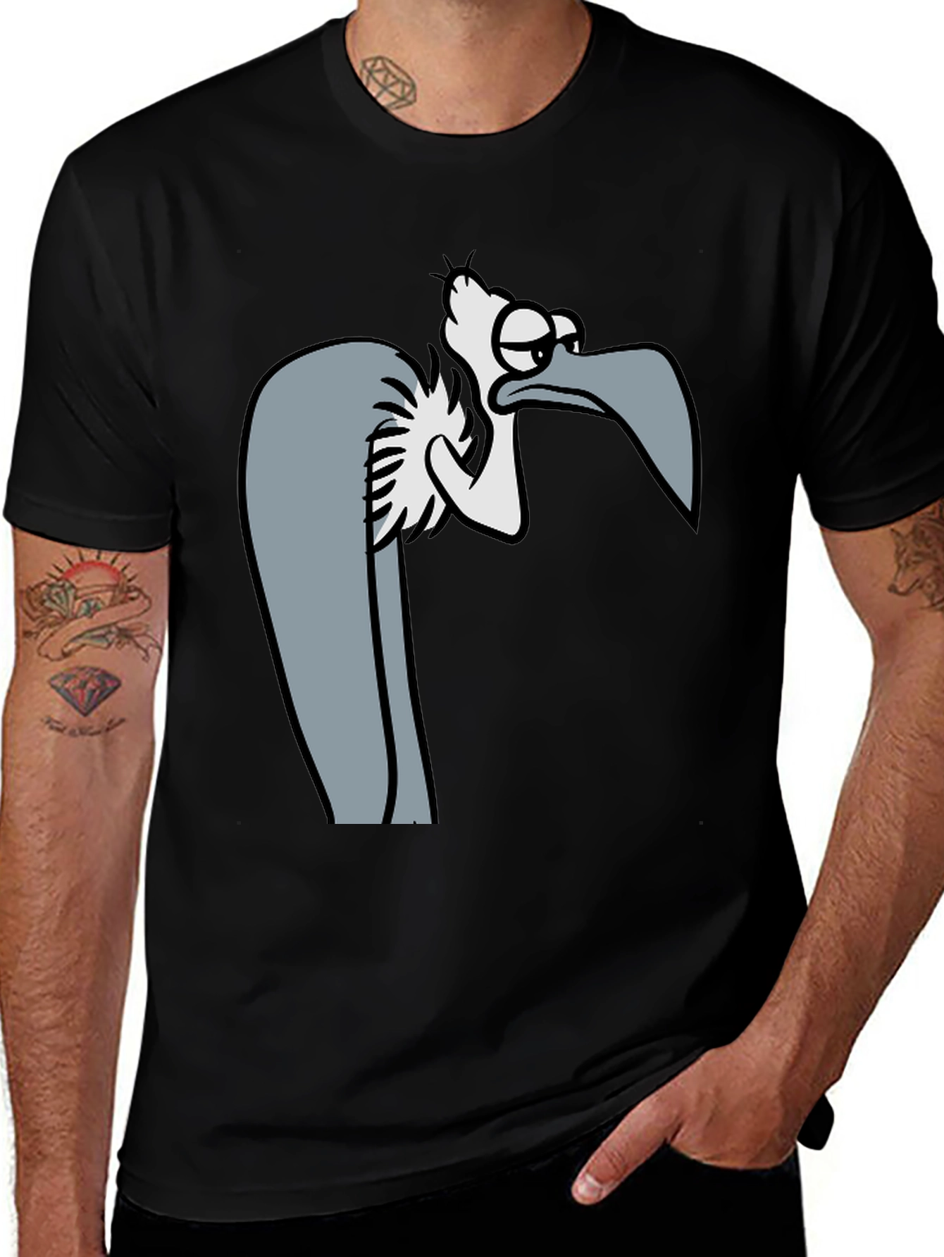 Funny Cartoon Vulture Graphic Black T-Shirt
