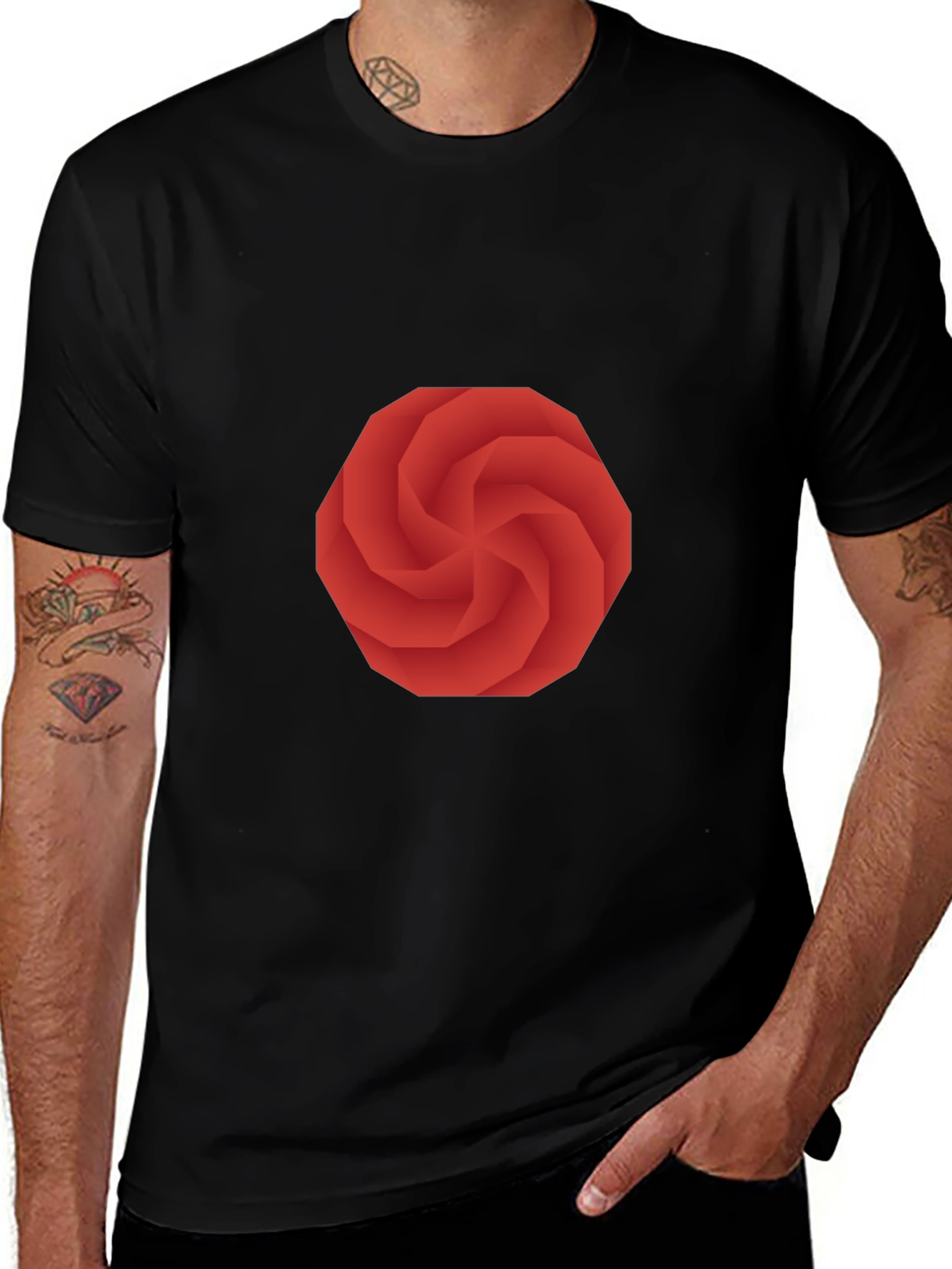 Geometric Red Swirl Graphic Black T-Shirt