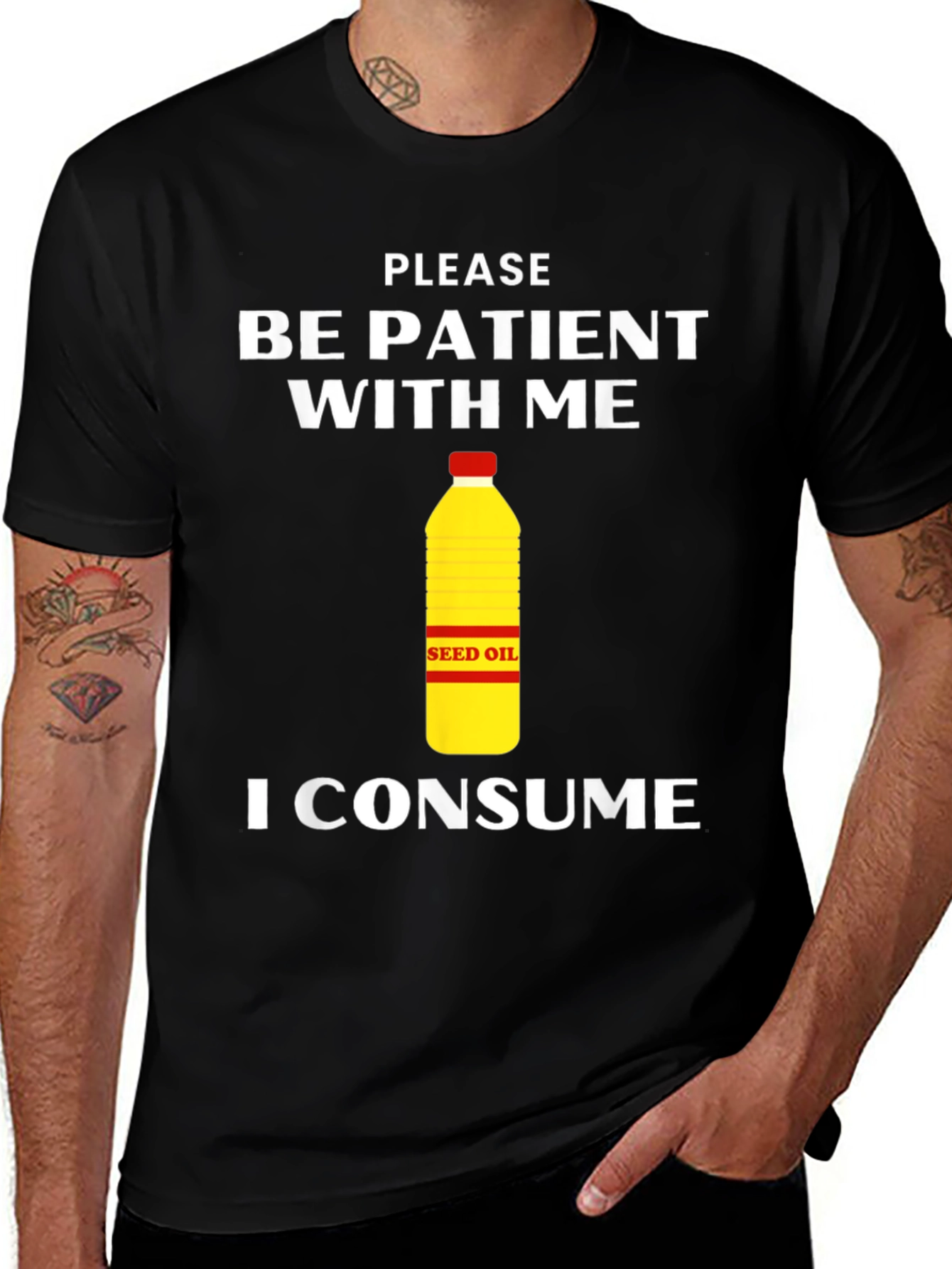 Variant 17 of Patient Seed Oil Consumer T-Shirt - Black Cotton Tee