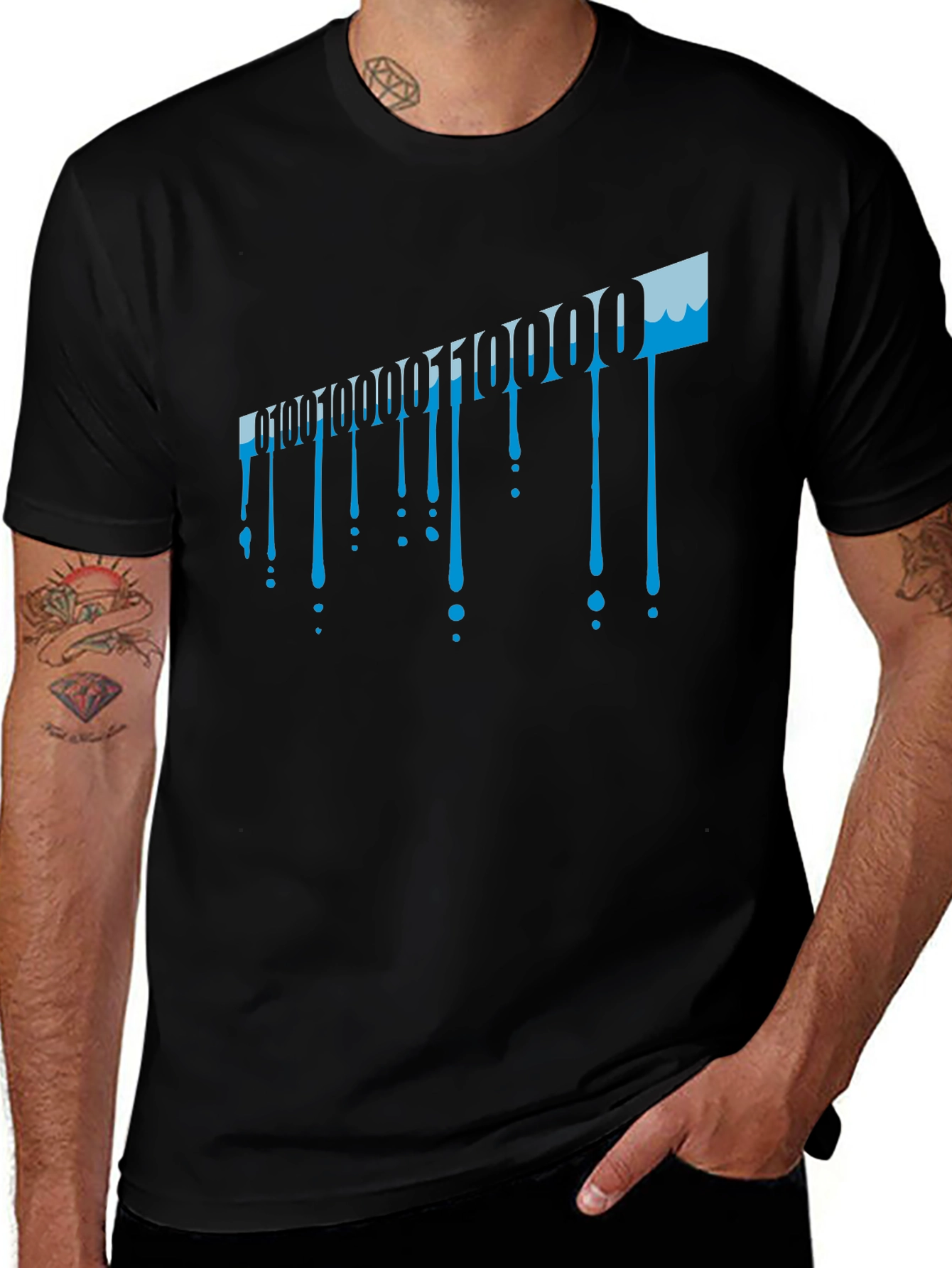 Variant 18 of Binary Code Drip Graphic Tee - Black Cotton Blend