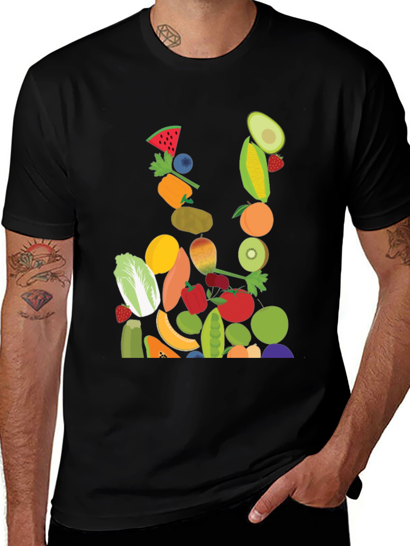 Fruit & Veggie Print Black T-Shirt