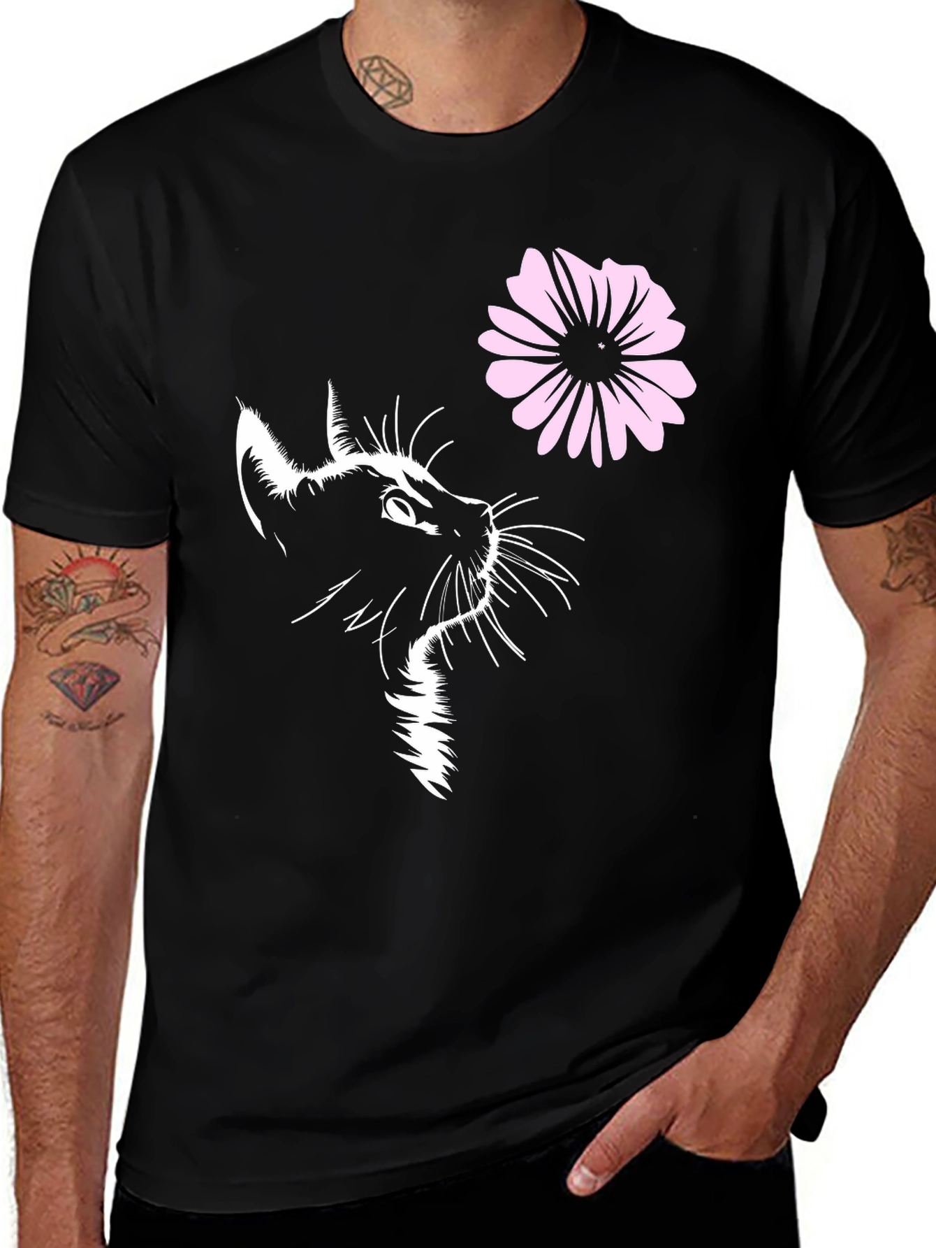 Black Black Cat & Flower Graphic T-Shirt main image