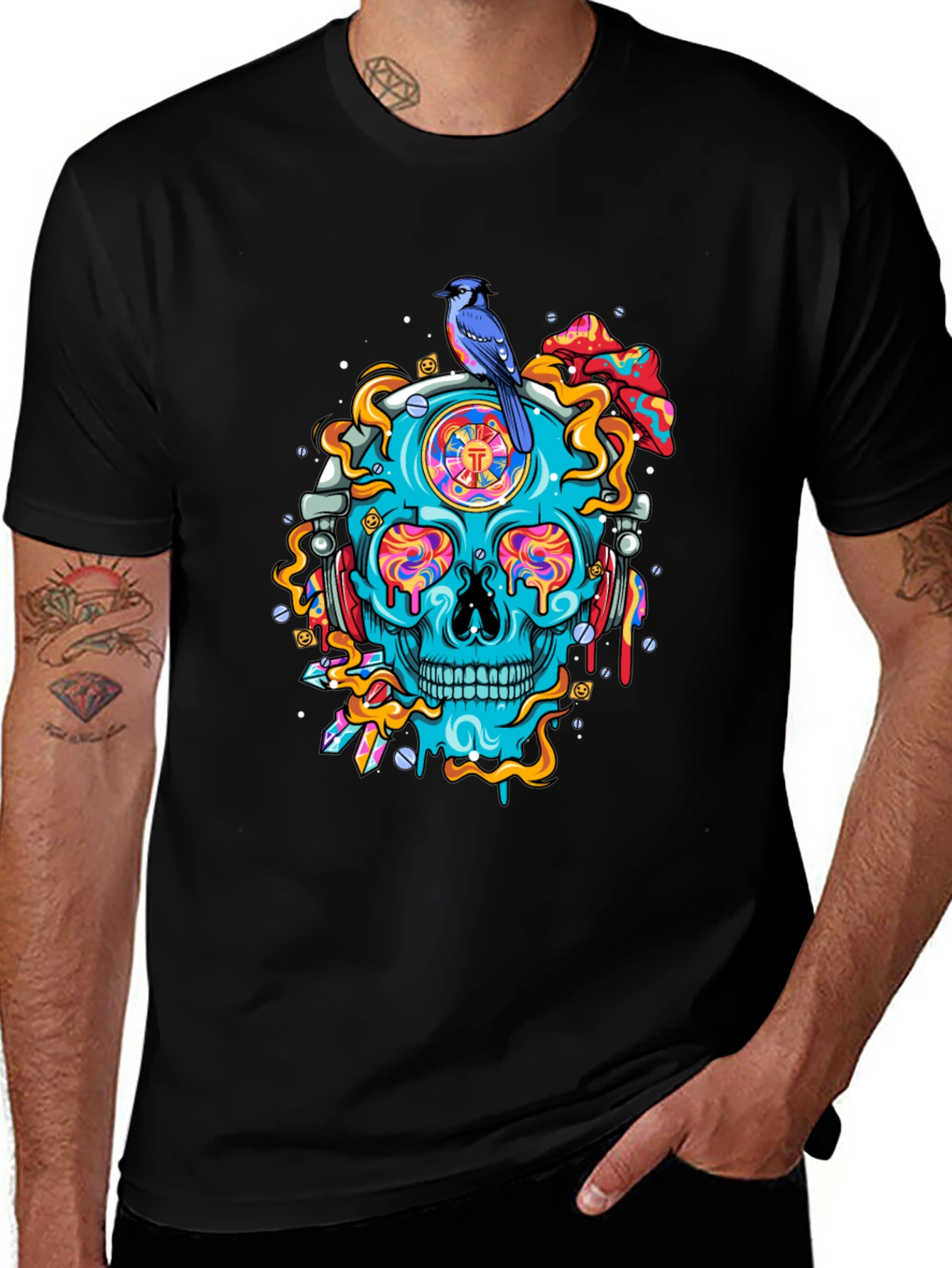 Variant 29 of Skull Graphic Tee - Bird and Psychedelic Design