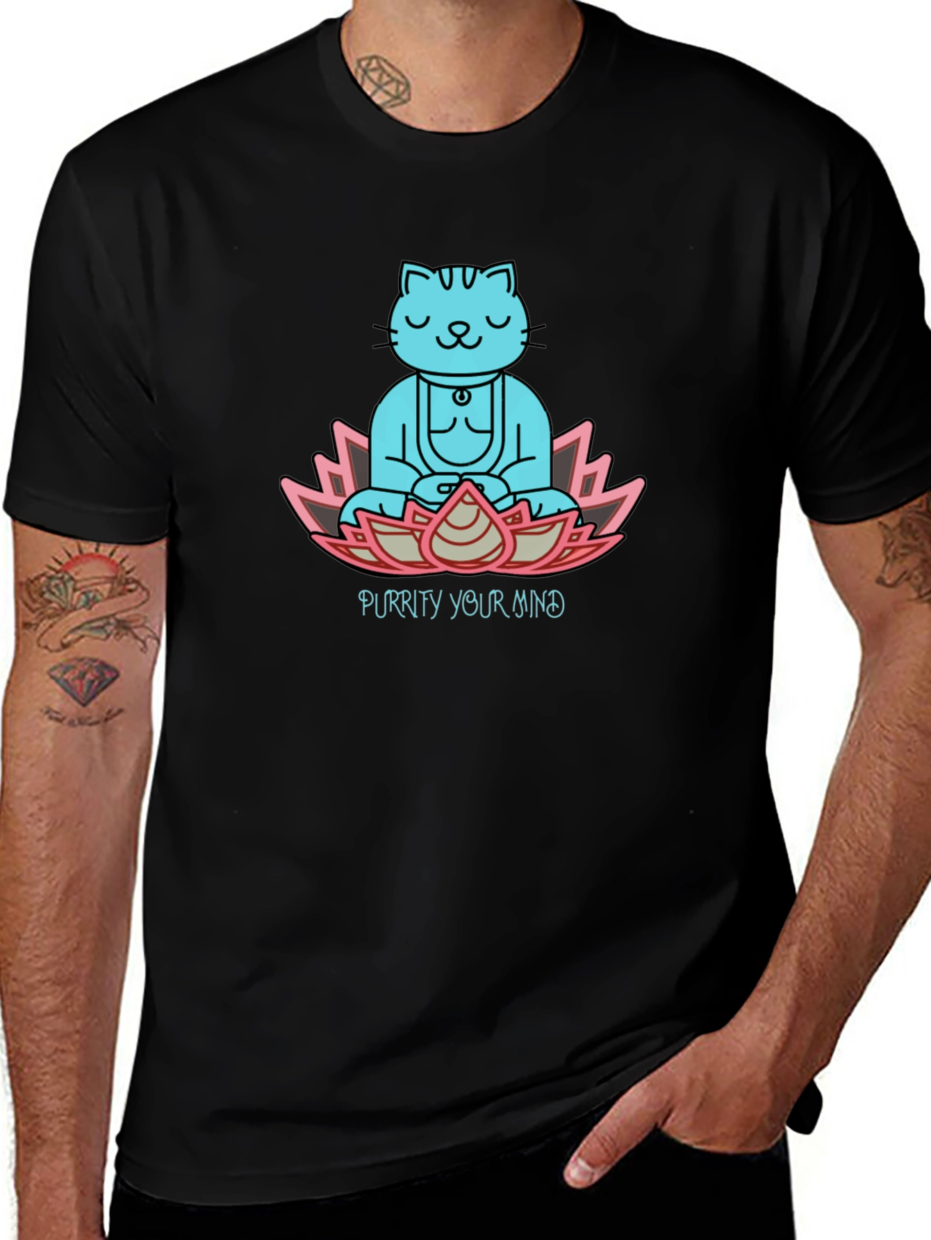 Variant 21 of Purrity Your Mind Black T-Shirt - Meditating Cat Design