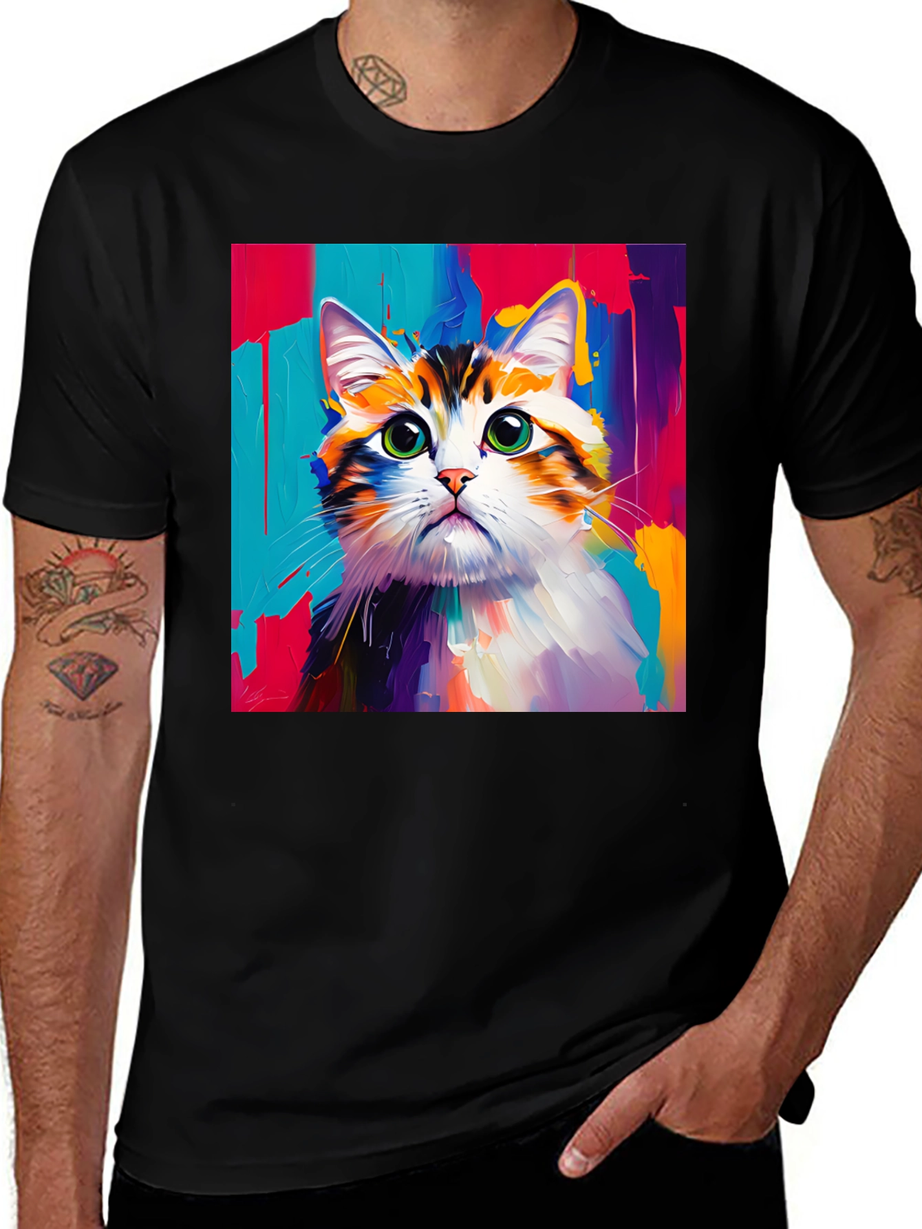Variant 14 of Colorful Cat Art Graphic Print Black T-Shirt
