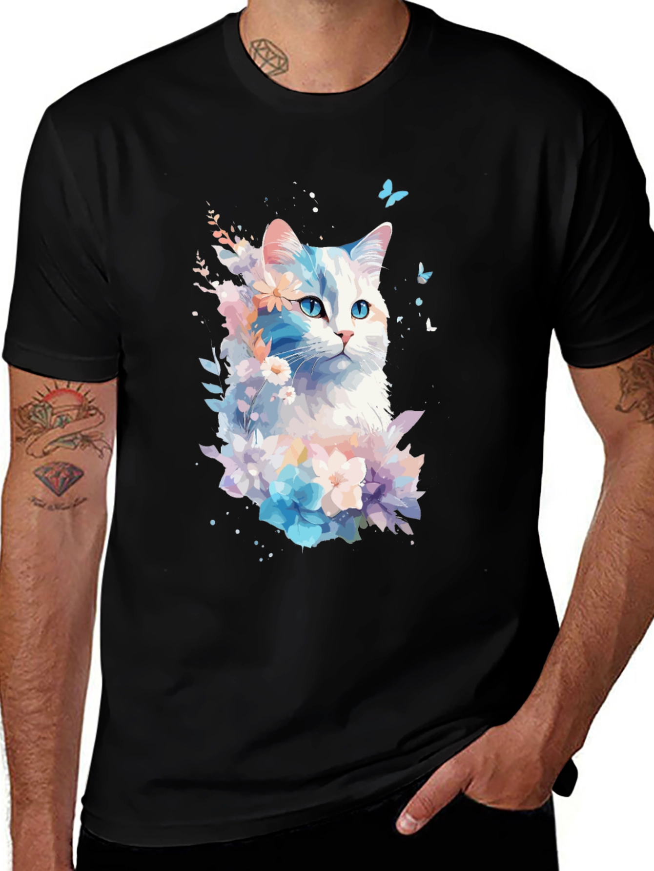 Variant 2 of Floral Cat Graphic Black T-Shirt