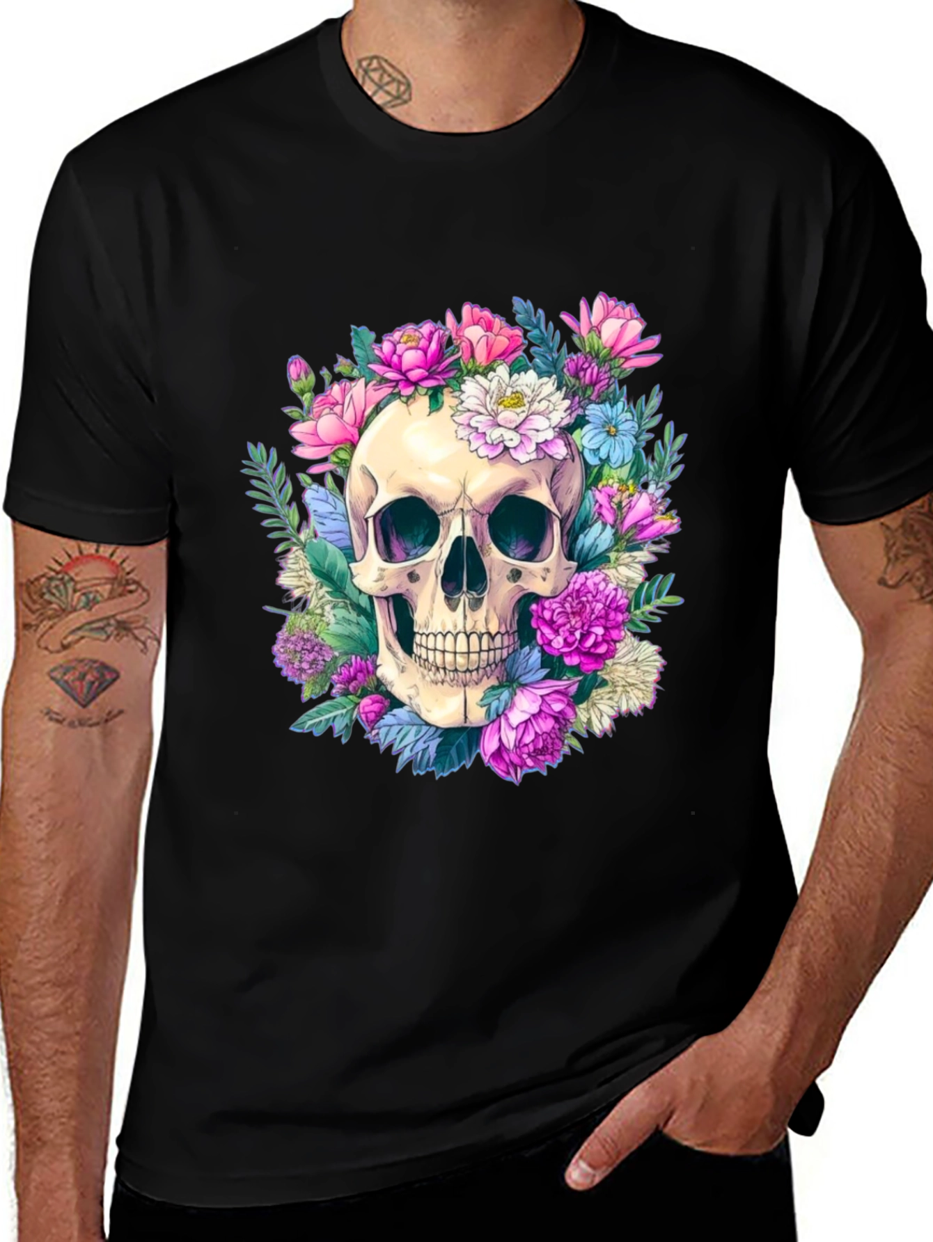 Variant 21 of Floral Skull Graphic Tee - Men's Black T-Shirt