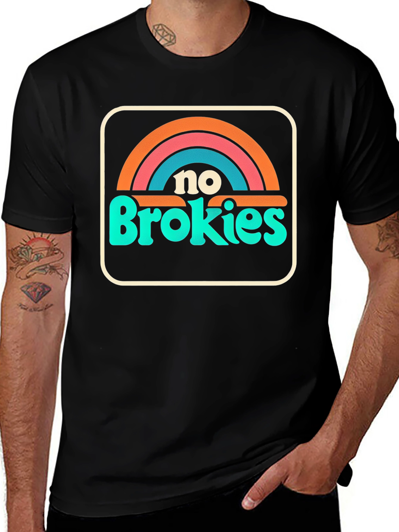 Variant 14 of No Brokies Graphic Tee - Retro Rainbow Design