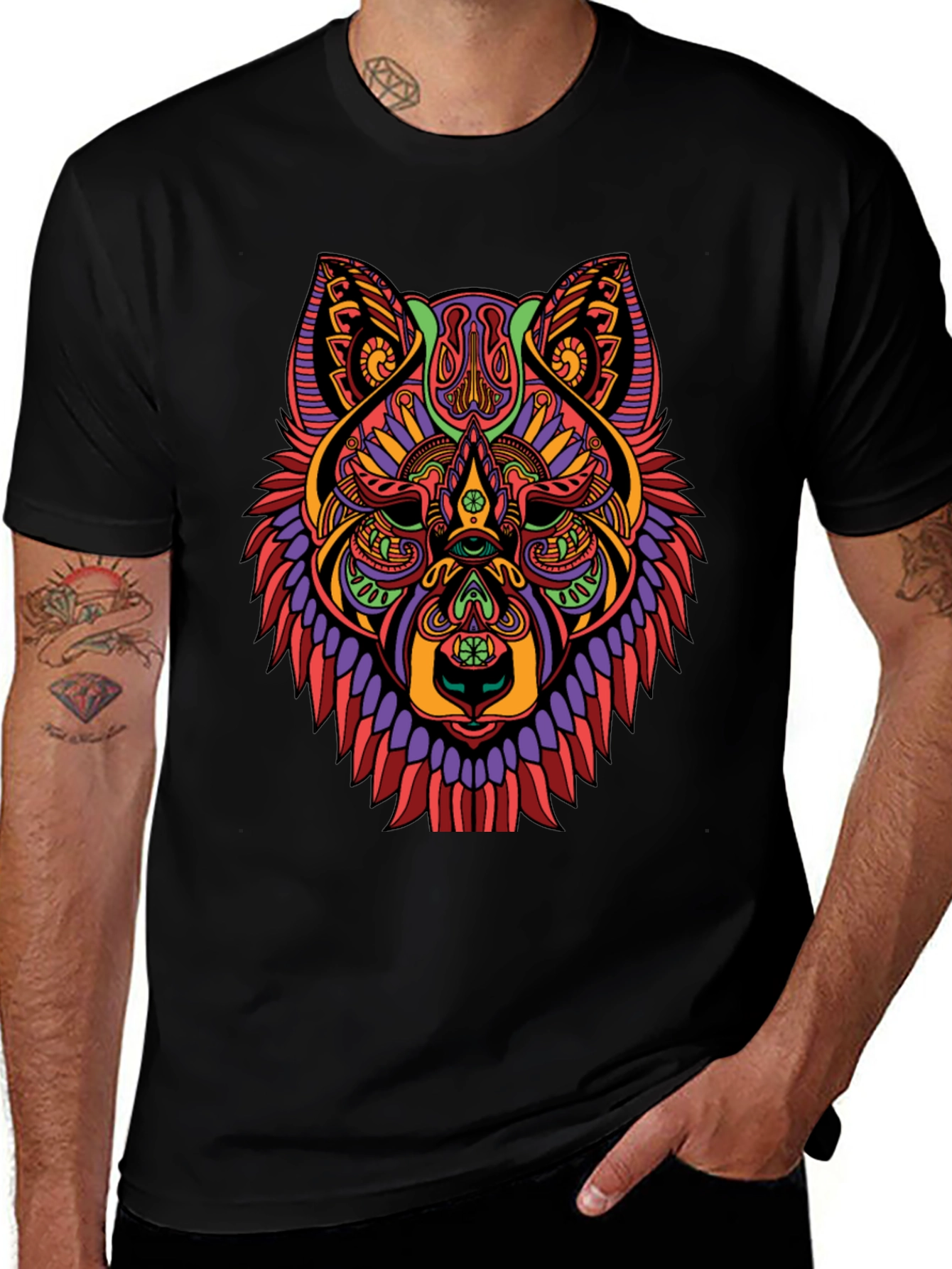 Variant 14 of Psychedelic Wolf Graphic Tee - Bold Artistic Design