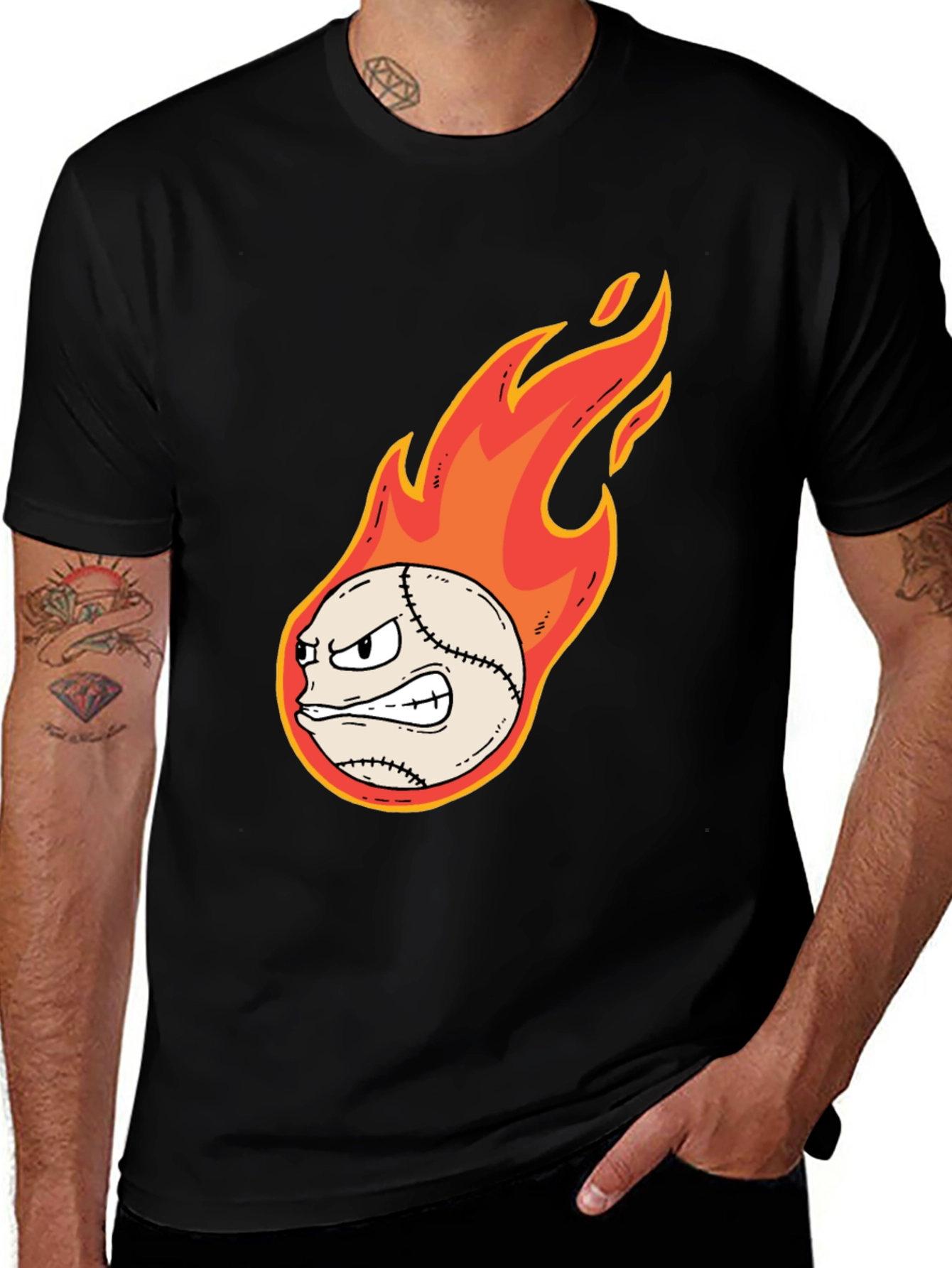Flaming Baseball Graphic Tee - Black Cotton T-Shirt