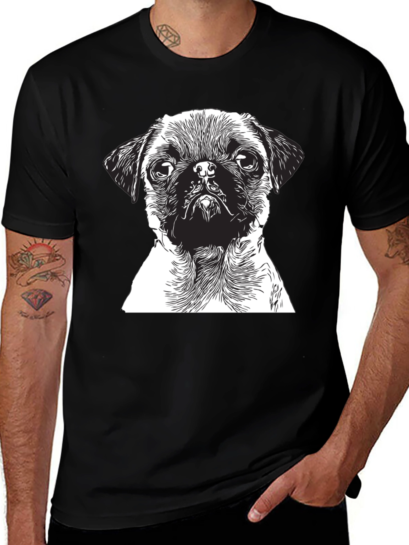 Pug Dog Graphic Print T-Shirt - Black