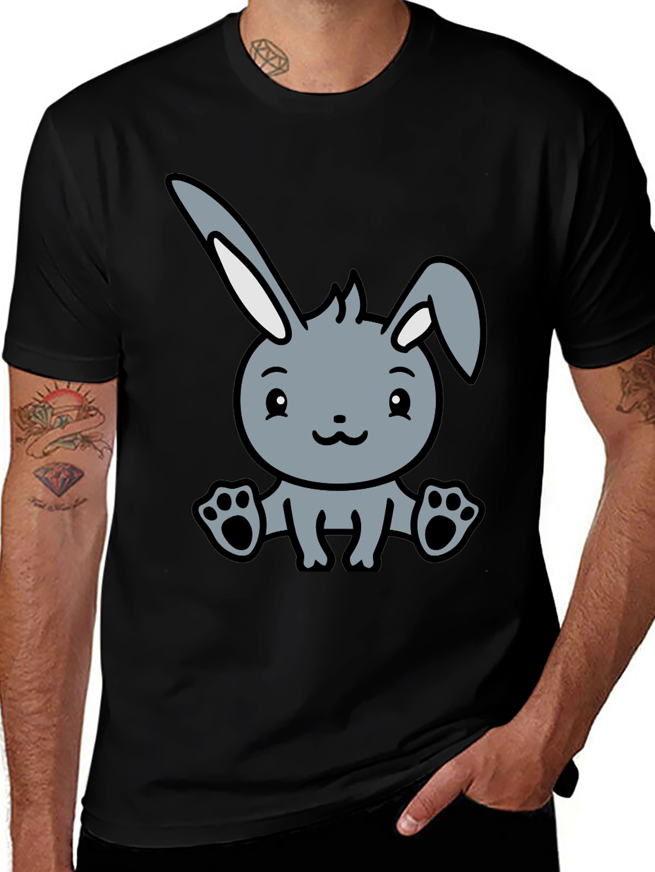 Variant 28 of Cute Cartoon Bunny Graphic Black T-Shirt