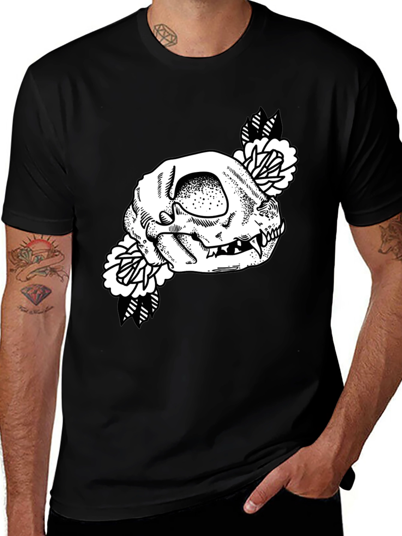 Variant 11 of Skull Floral Graphic Tee - Black Cotton T-Shirt