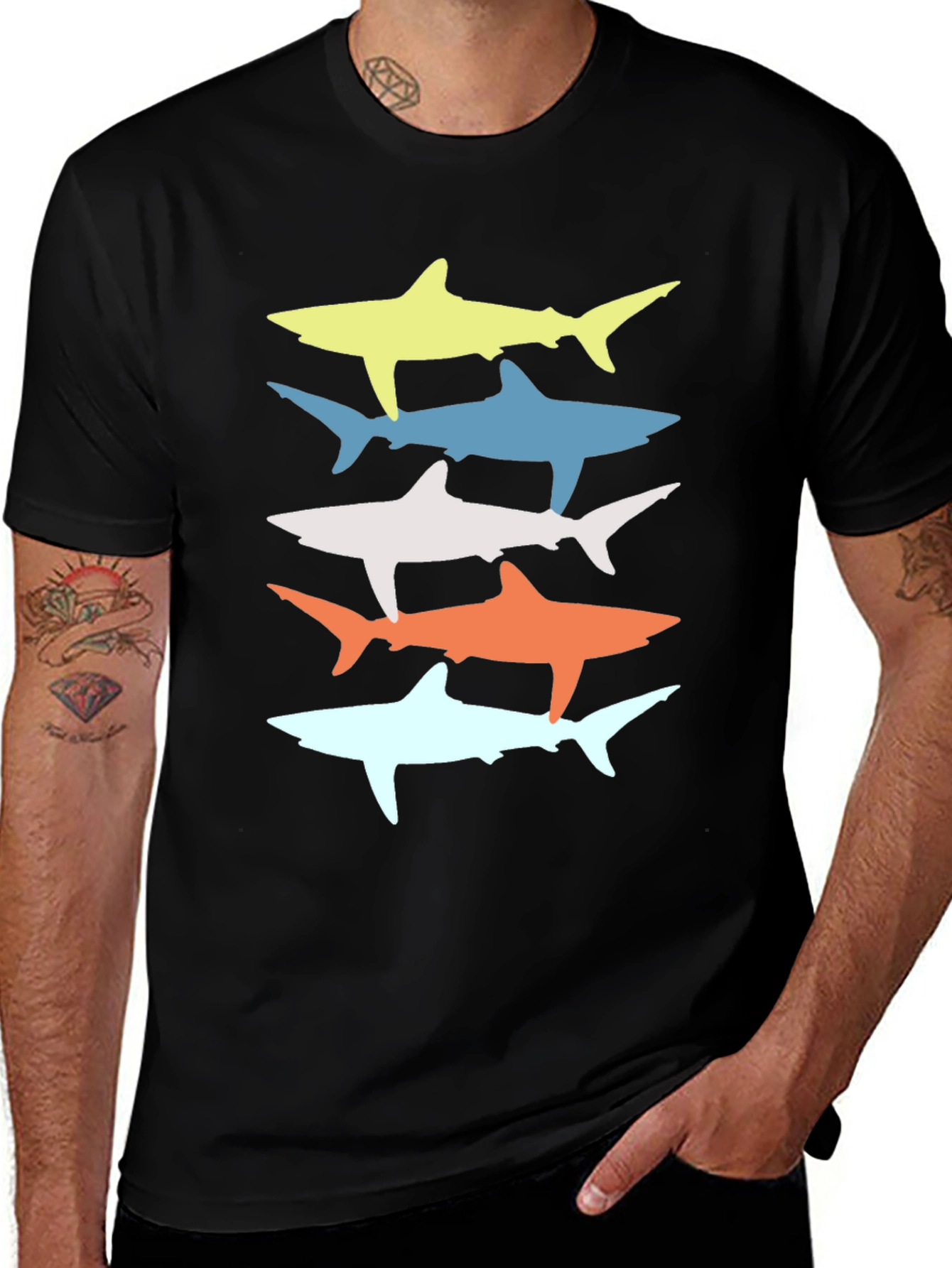 Variant 2 of Retro Shark Stack Graphic Tee - Cool Casual Style