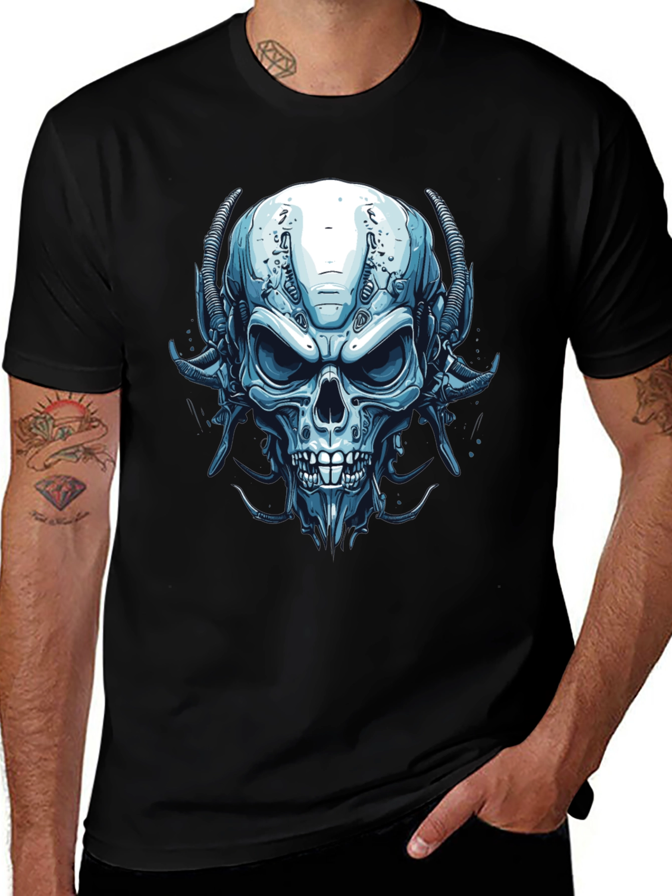 Variant 17 of Cyber Skull Graphic Tee - Futuristic Horror Style
