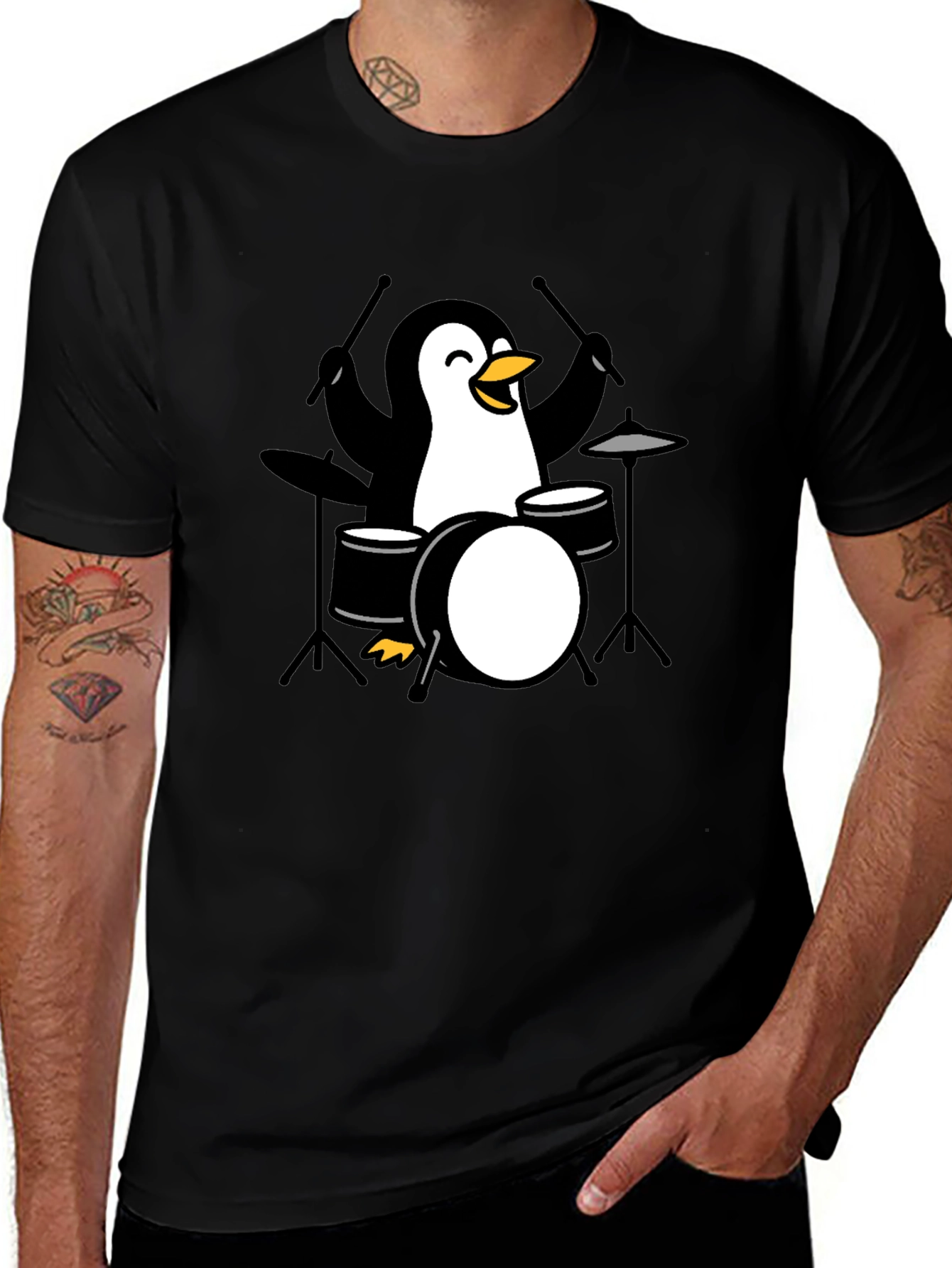 Variant 25 of Penguin Drummer Black T-Shirt - Music Lover Tee