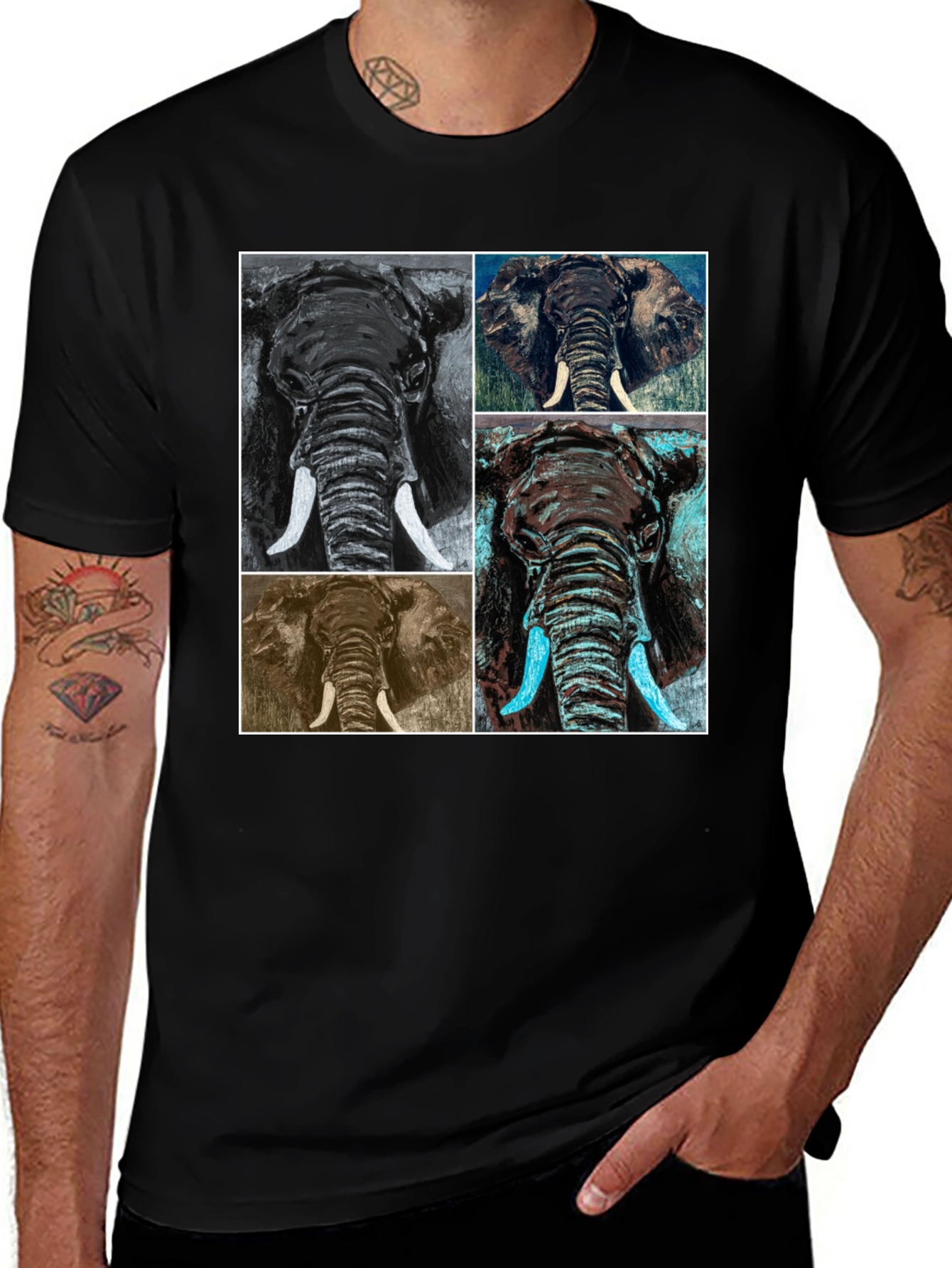 Variant 7 of Elephant Art Print Graphic Tee - Black Cotton