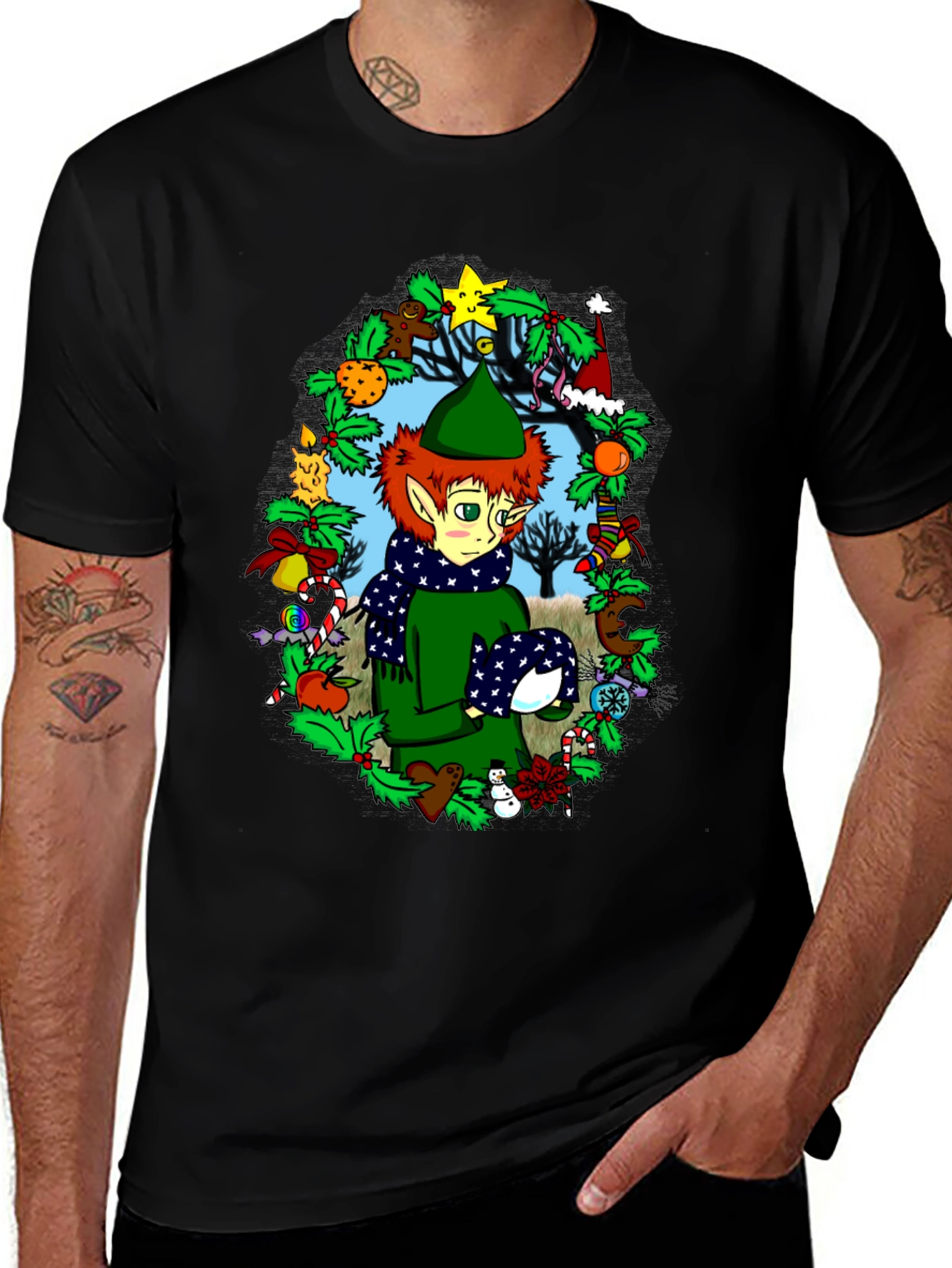 Black Festive Elf Christmas T-Shirt main image
