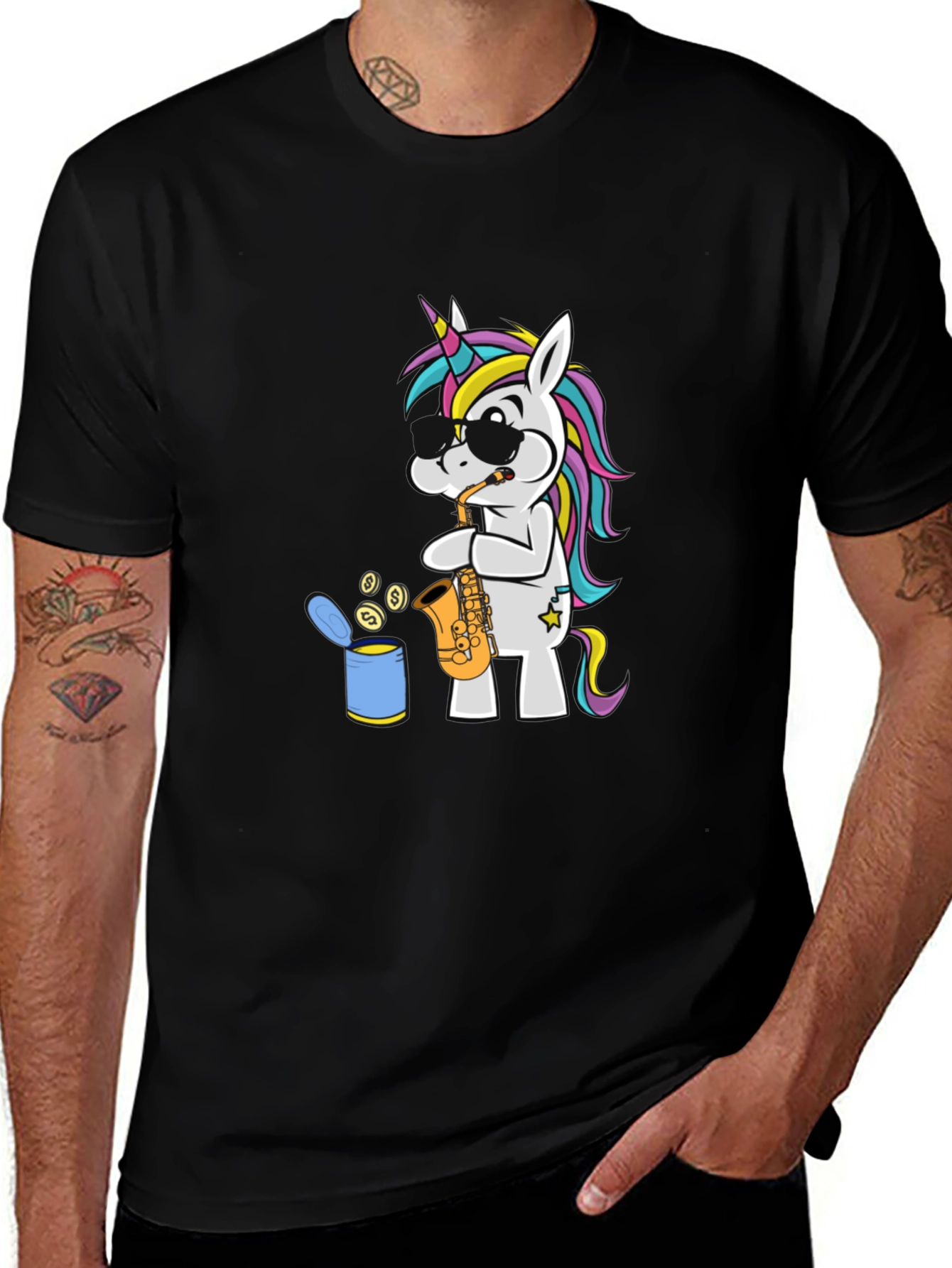 Variant 6 of Unicorn Sax Player Graphic T-Shirt - Black Cotton Tee