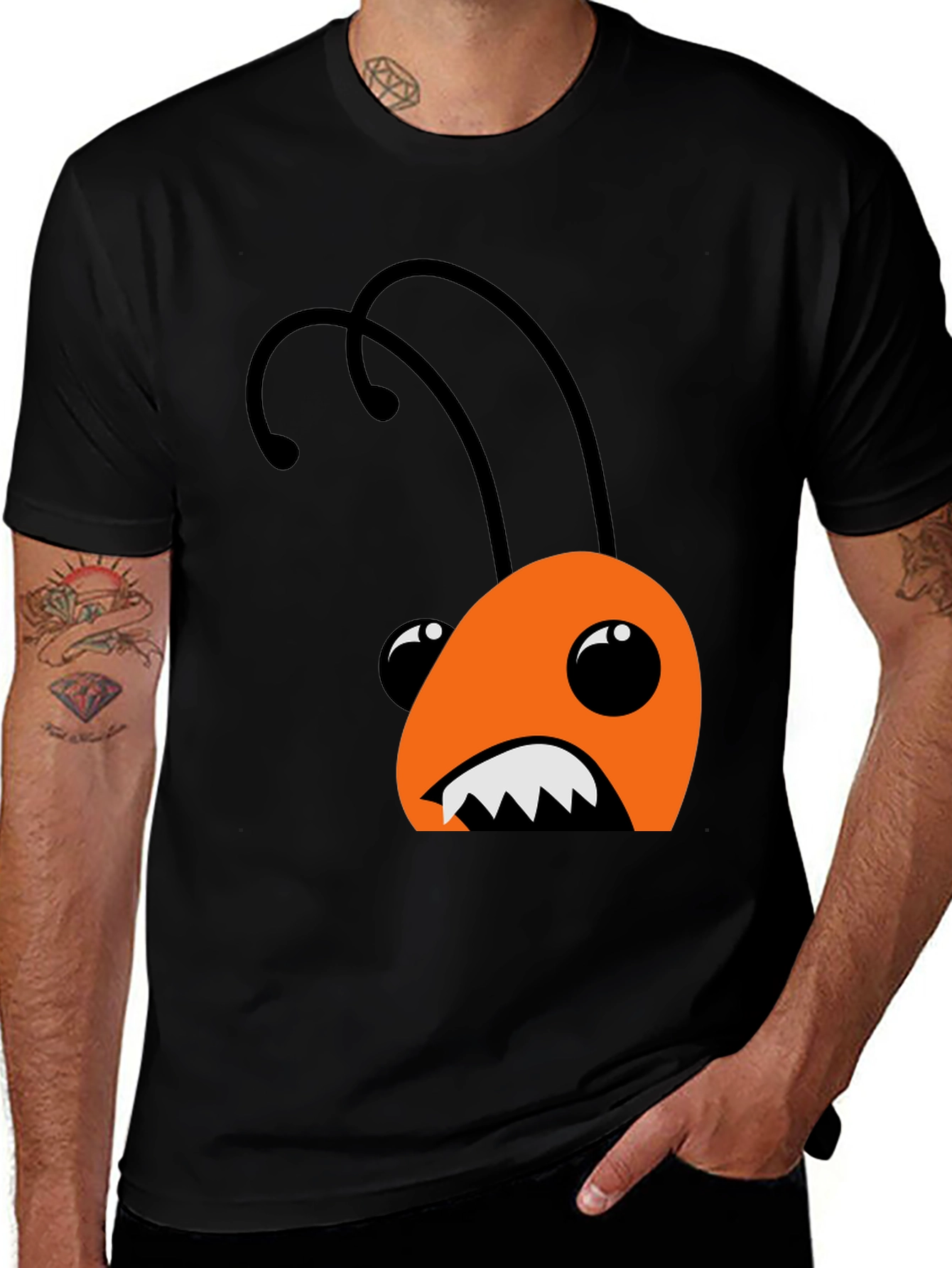 Cartoon Bug Graphic Tee - Black Cotton T-Shirt