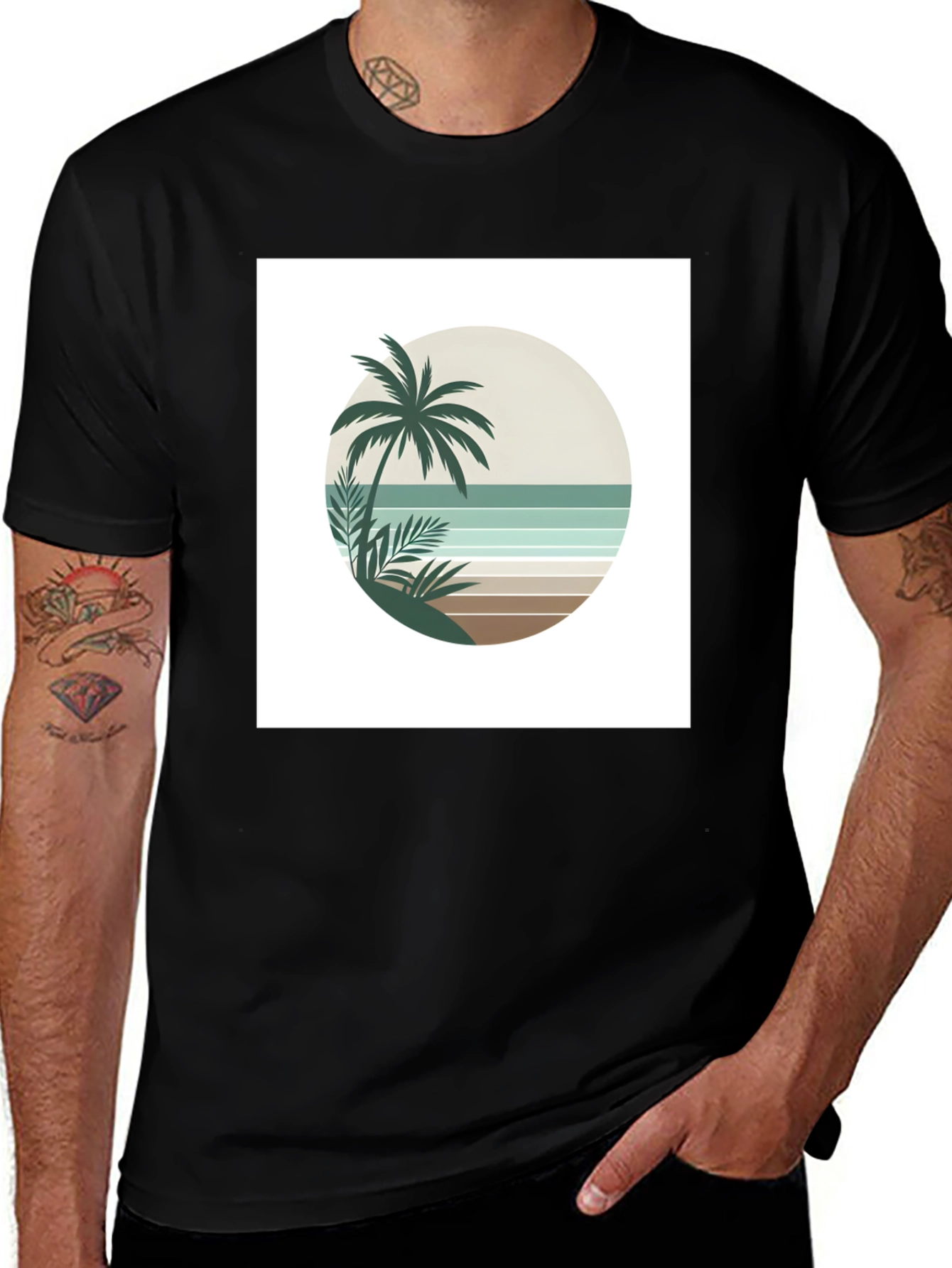 Black Retro Palm Tree Beach T-Shirt main image