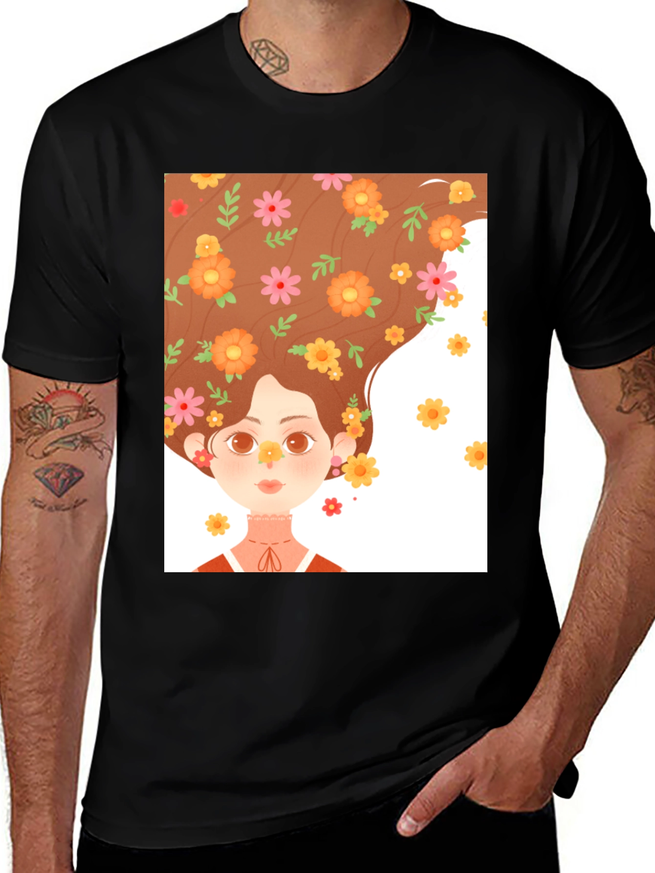 Variant 11 of Floral Girl Graphic Tee - Artistic Black T-Shirt