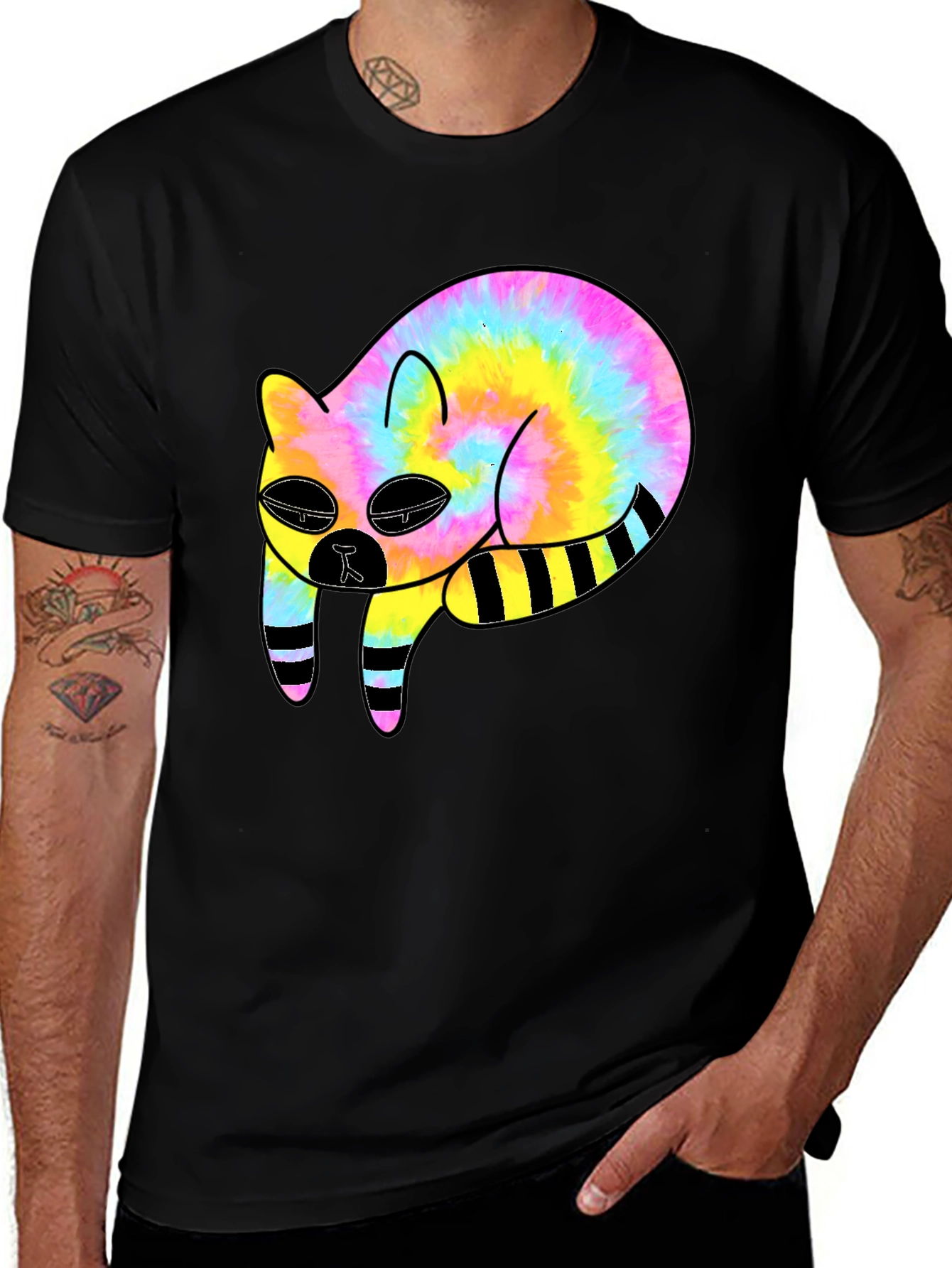 Variant 28 of Tie-Dye Cat Graphic Black T-Shirt