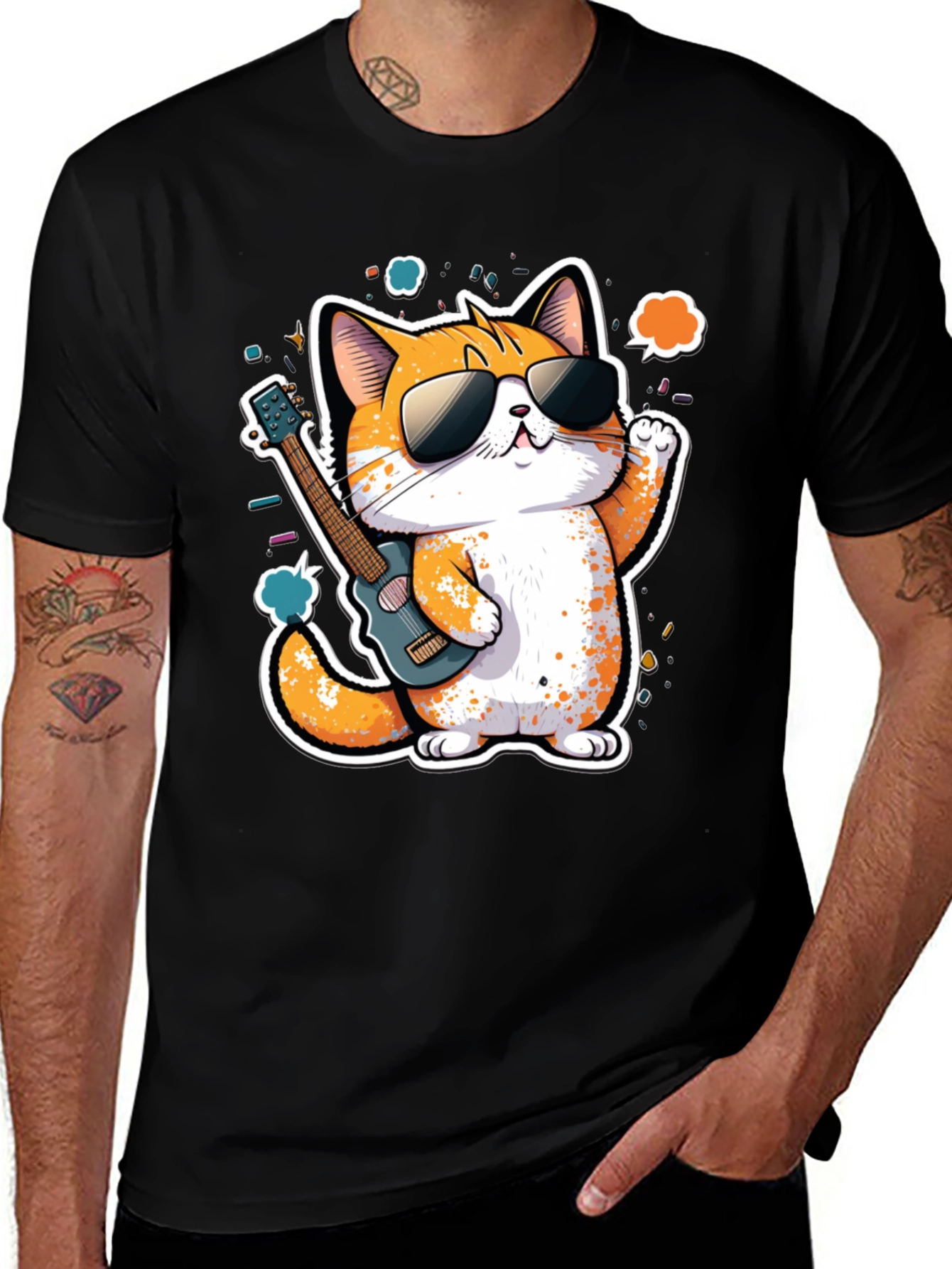 Variant 5 of Cool Cat Guitarist Graphic Tee - Black Cotton T-Shirt
