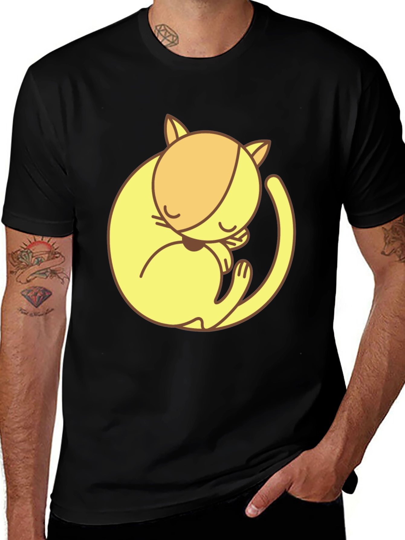 Variant 22 of Cute Sleeping Cat Graphic Tee - Black Cotton T-Shirt