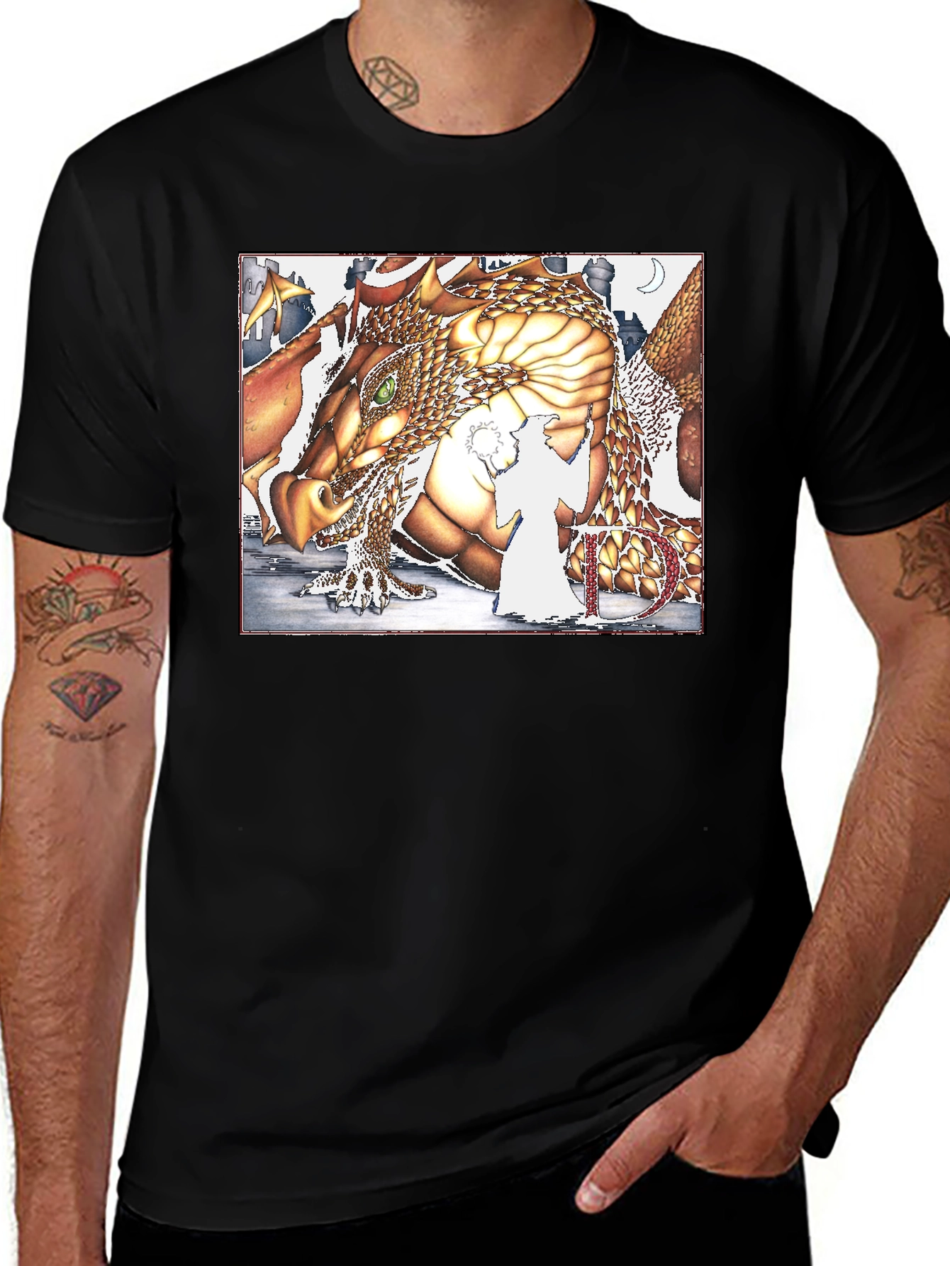 Dragon & Wizard Graphic Tee - Fantasy Art Shirt