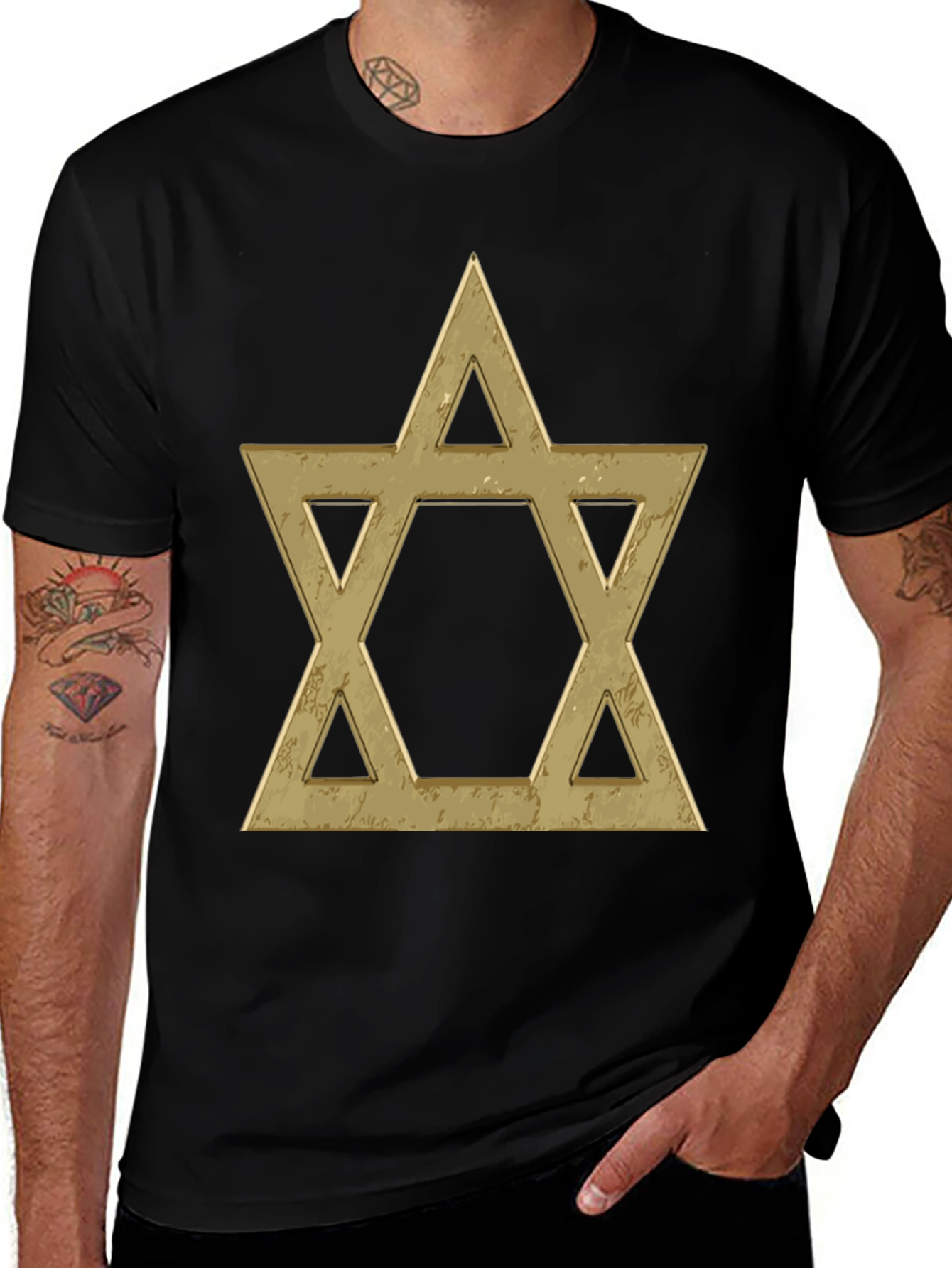 Star of David Graphic Tee - Gold Print on Black