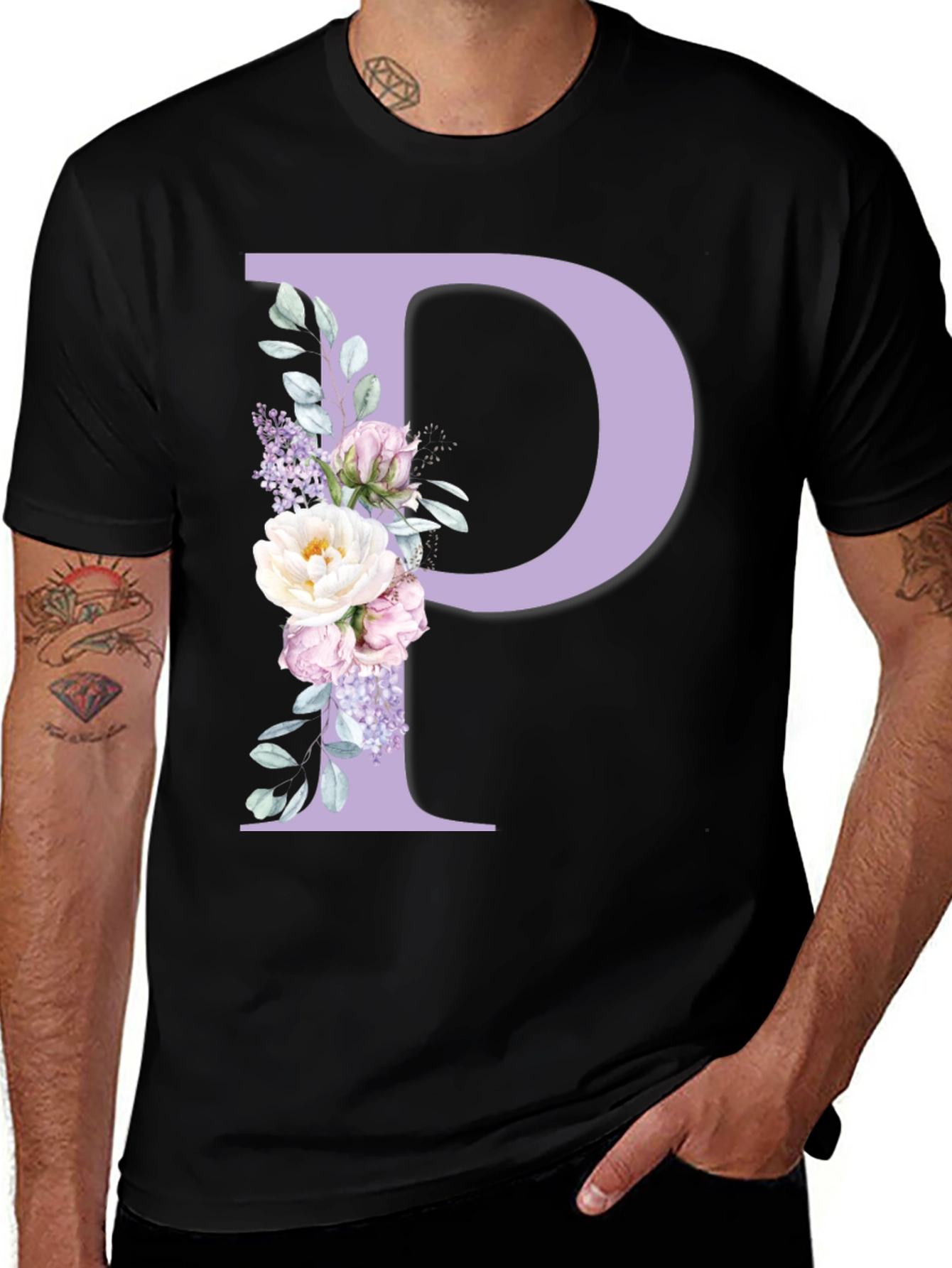 Floral Letter P Black T-Shirt