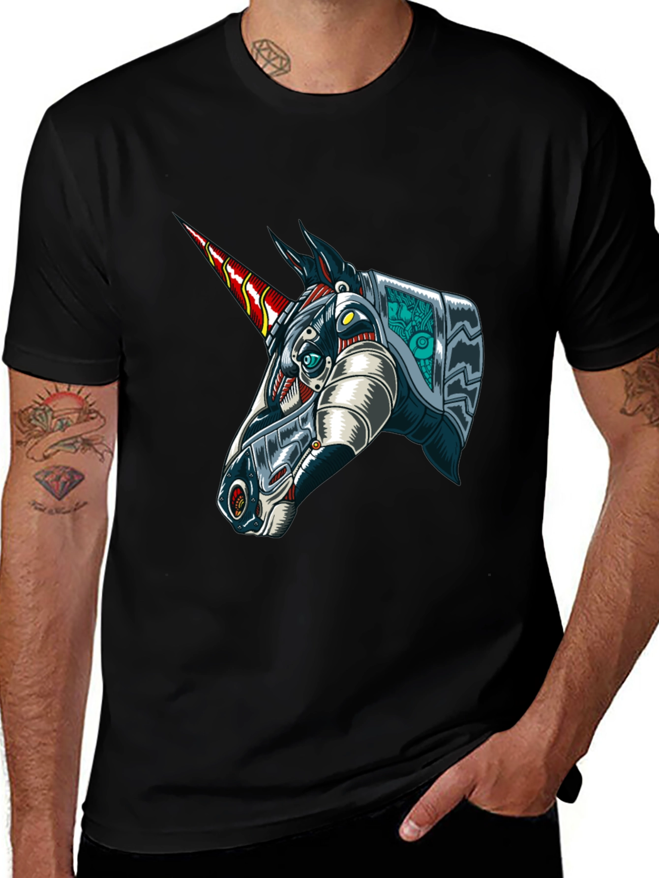Variant 28 of Robot Unicorn Graphic Tee - Black Cotton T-Shirt