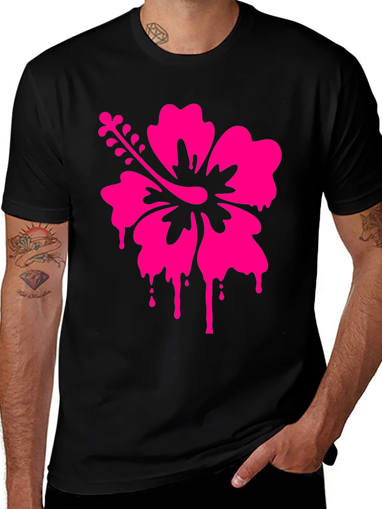Variant 21 of Black Tee with Pink Hibiscus Drip