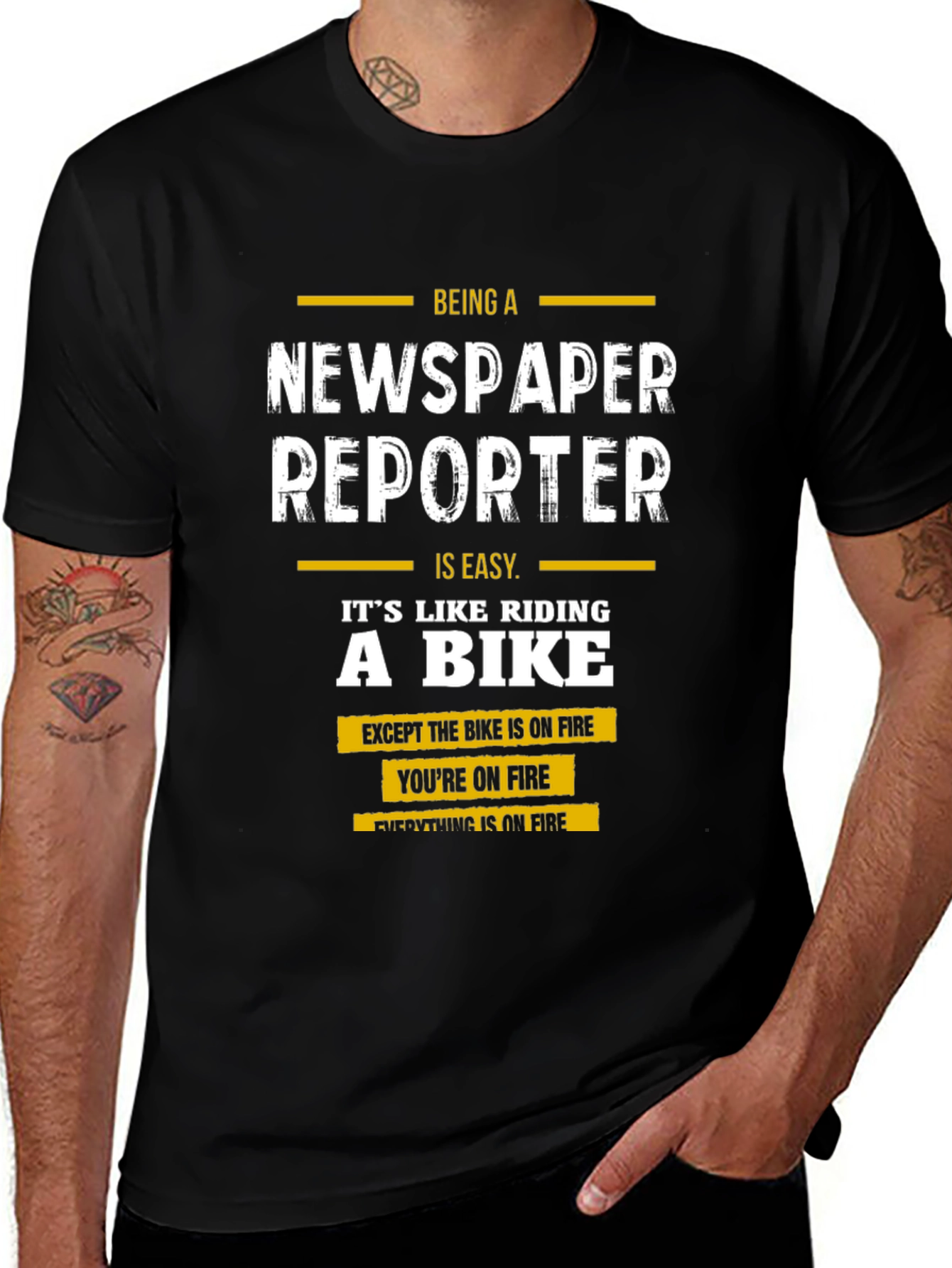Newspaper Reporter Funny T-Shirt - Riding A Bike On Fire